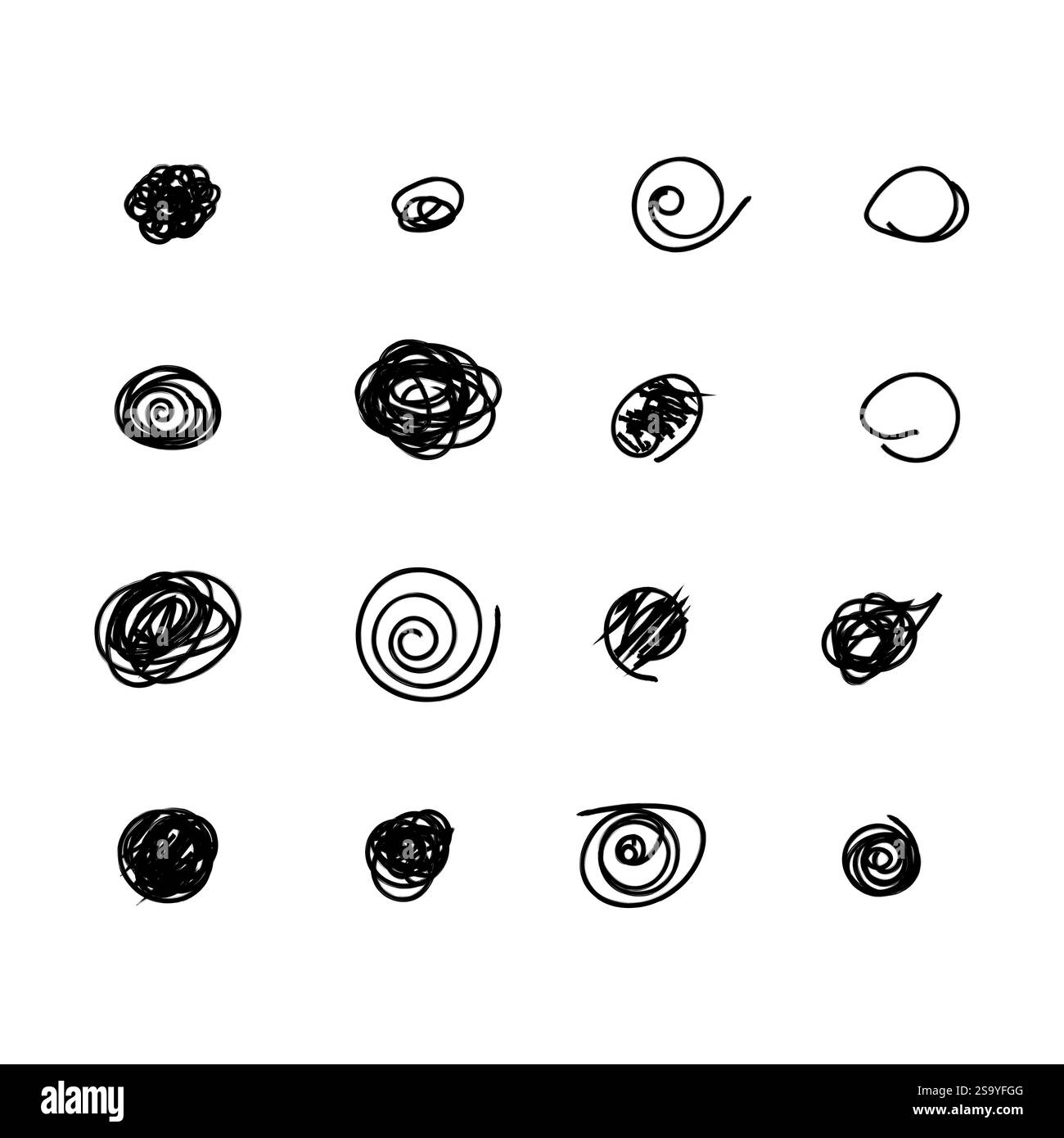 Kritzeln Sie Kritzelkreis und Punkt. Kollektion mit schwarzen Formen, Punkten und Tropfen. Set aus handgezeichneten Doodle-Kreisen im Grunge-Stil. Vektorillustration für Stock Vektor