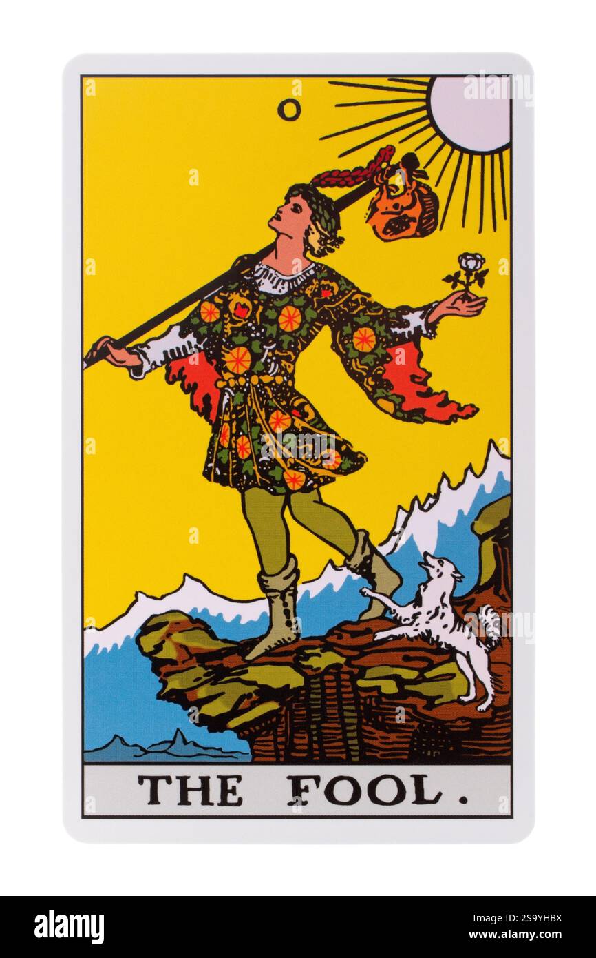 Die Tarotkarte des Narren auf weißem Hintergrund Stockfoto