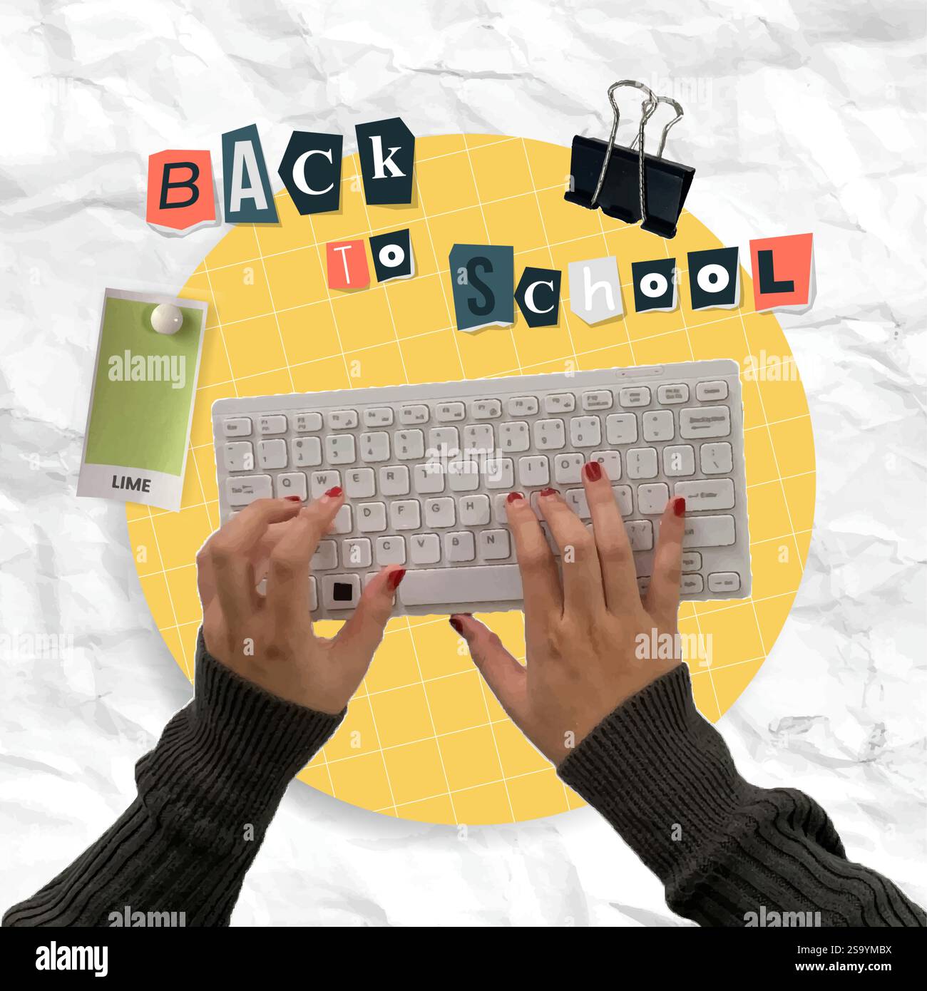 Back-to-School-Collage mit Computertastatur und Organisationstools, Vektorillustration Stock Vektor