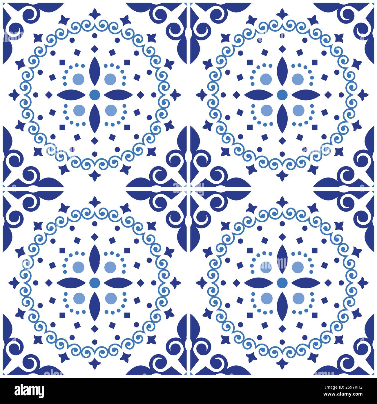 Portugiesisch und Spanisch inspiriertes nahtloses Vektormuster mit Azulejo-Fliesen in Marineblau - perfekt für Textil- und Stoffdruck Stock Vektor