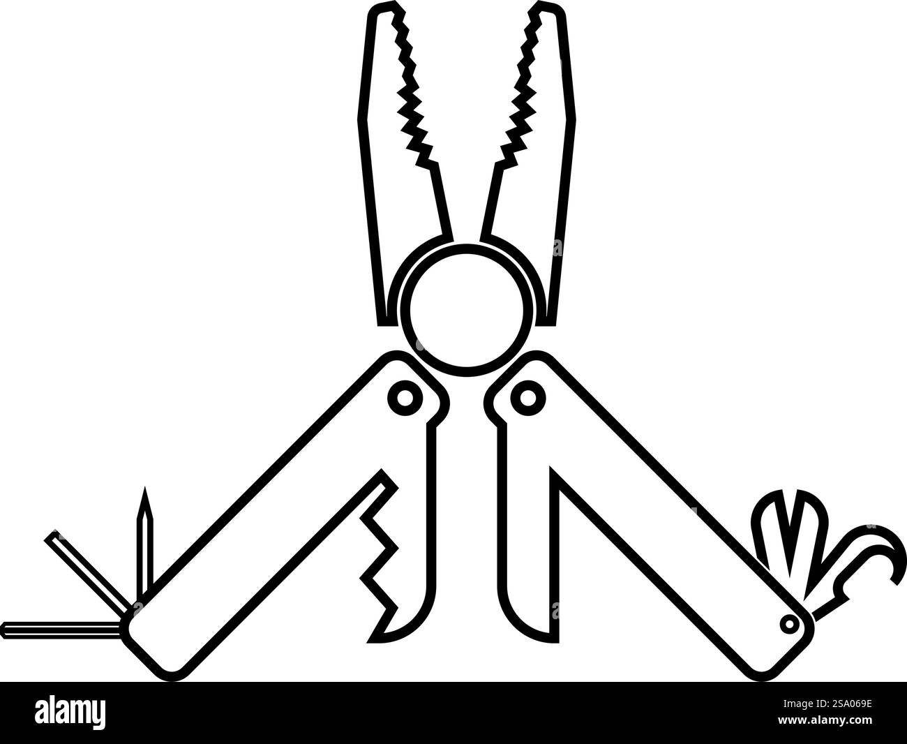 MultiTool Multifunktions-Instrument mit Zange Säge Messer Rasierer Hexaeder Öffner Ahle Utility Mehrzweck-Werkzeug Camping Kit Tasche Kontur Linie Symbol schwarz Farbe Vektor Illustration Bild dünn flach Stil einfach. MultiTool Multifunktions-Instrument mit Zange Säge Messer Rasierer Hexaeder Öffner Ahle Utility Mehrzweck-Werkzeug Camping Kit Tasche Kontur Linie Symbol schwarze Farbe Vektor Illustration Bild dünn flach Stil Stock Vektor