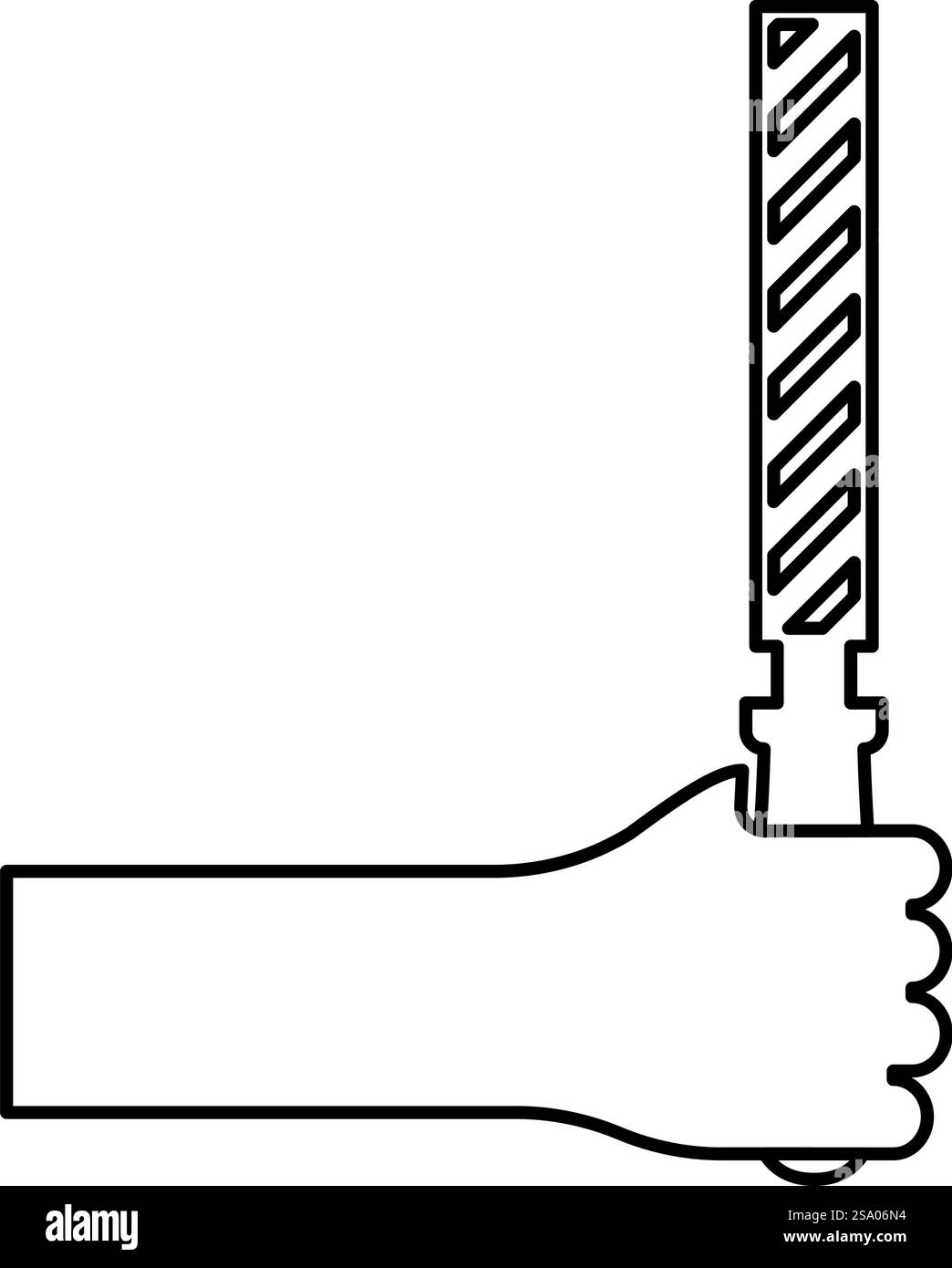 Feile Werkzeug in der Hand Metall Raspel im Arm Verwenden Sie manuelle Instrumentausrüstung für Tischlerei Arbeit Kontur Umrisslinie Symbol schwarze Farbe Vektor Illustration Bild dünn flache Art einfach. Feile Werkzeug in der Hand Metall Raspel im Arm Verwenden Sie manuelle Instrumentausrüstung für Tischlerei Arbeit Kontur Linie Symbol schwarze Farbe Vektor Illustration Bild dünne flache Art Stock Vektor