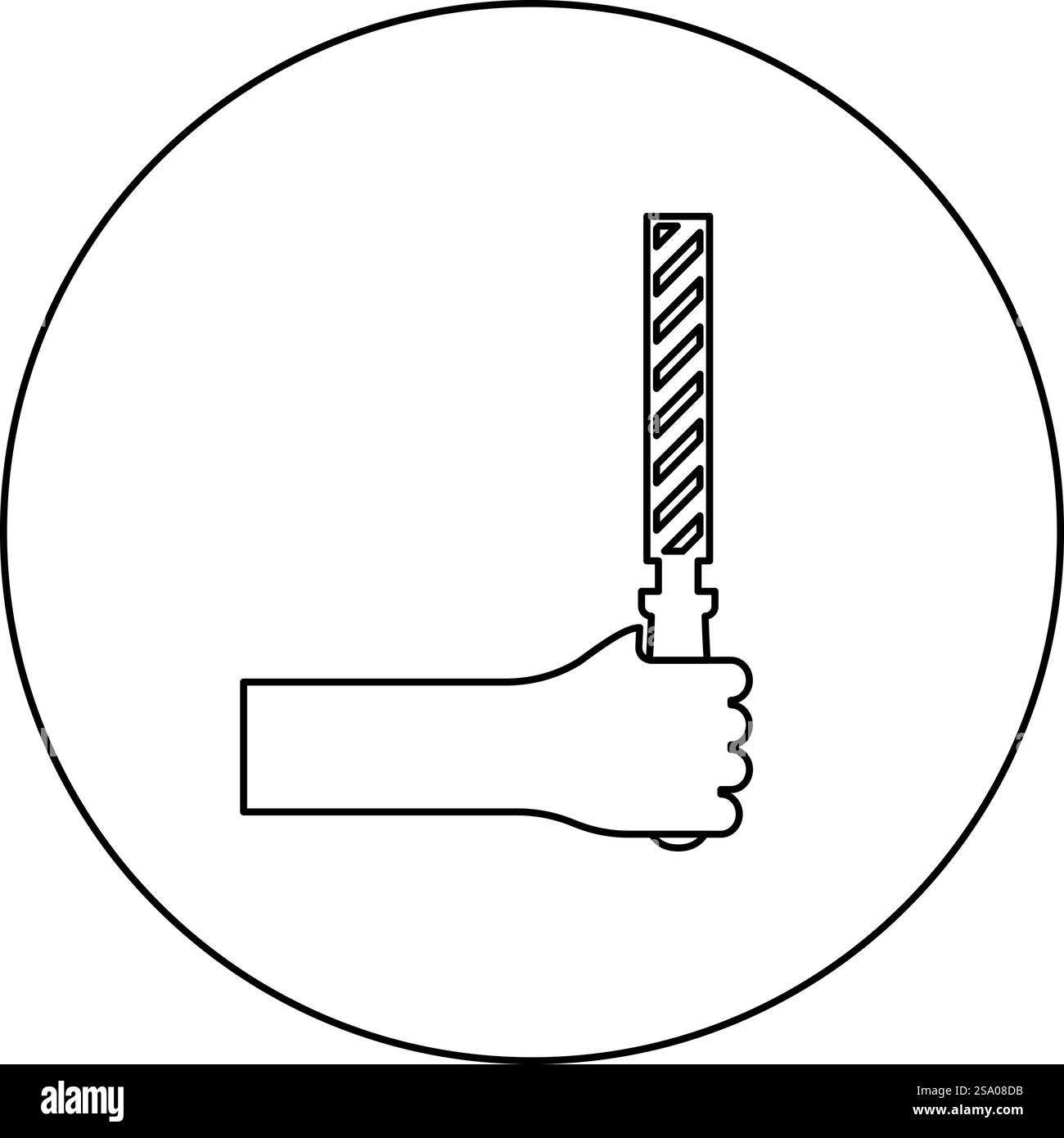 Feile Werkzeug in der Hand Metall Raspel im Arm Verwenden Sie manuelle Instrumentausrüstung für Tischlerei Arbeit Symbol im Kreis rund schwarz Farbe Vektor Illustration Bild Umriss Kontur Linie dünne Art einfach. Feile Werkzeug in der Hand Metall Raspel im Arm Verwenden Sie manuelle Instrumentausrüstung für Tischlerei Arbeit Symbol im Kreis rund schwarz Farbe Vektor Illustration Bild Umriss Kontur Linie dünne Art Stock Vektor