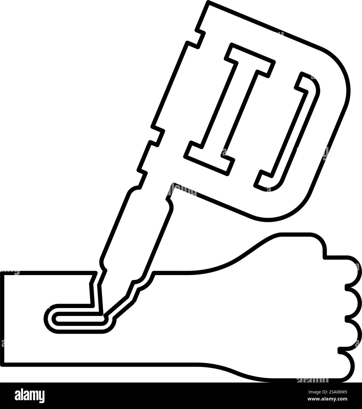 Tätowiermaschine Inking auf Arm Hand Gerät Pistole Haut mit Tinte Hand elektromagnetische Spule Kontur Umrisslinie Symbol schwarze Farbe Vektor Illustration Bild dünn flache Art einfach. Tätowiermaschine Inking auf Arm Hand Gerät Pistole Haut mit Tinte Hand elektromagnetische Spule Kontur Umrisslinie Symbol schwarze Farbe Vektor Illustration Bild dünn flach Stil Stock Vektor