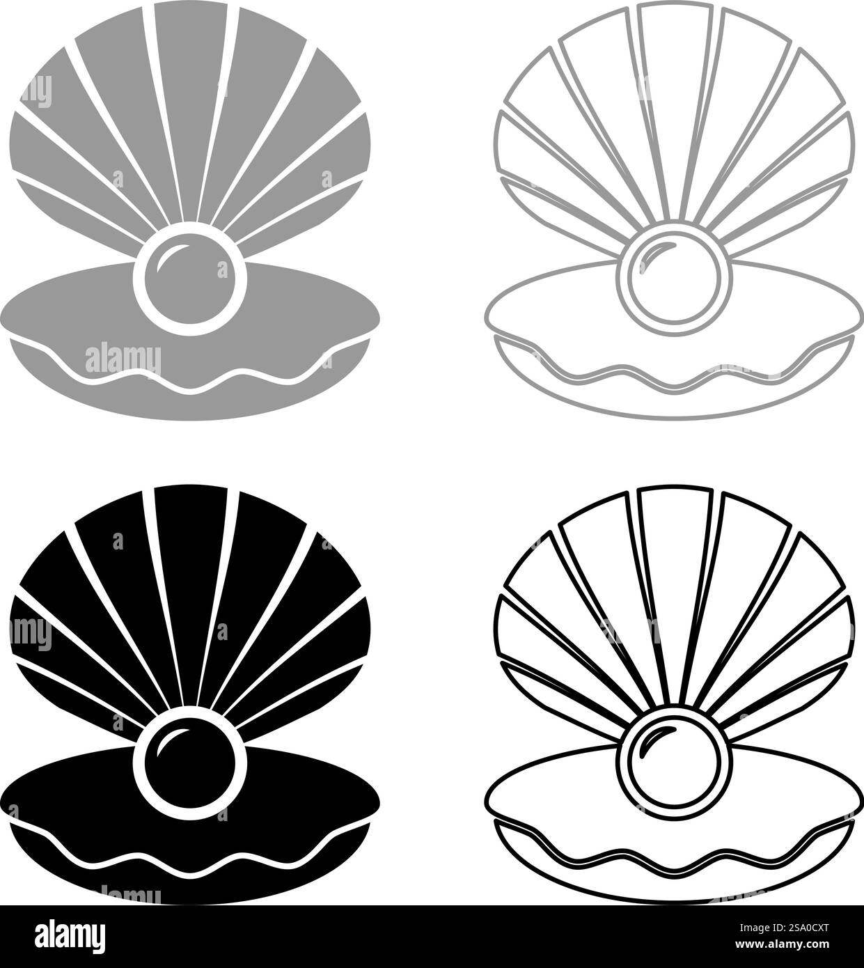 Perle in Muschel Shell mit perlisiert innen offen Set Symbol grau schwarz Farbe Vektor Illustration Bild einfache Vollfüllung Kontur Linie dünn flach Stil. Perle in Muschel Shell mit perlisiert innen geöffnetes Set Symbol grau schwarz Farbe Vektor Illustration Bild Solid Füllung Kontur Linie dünn flach Stil Stock Vektor