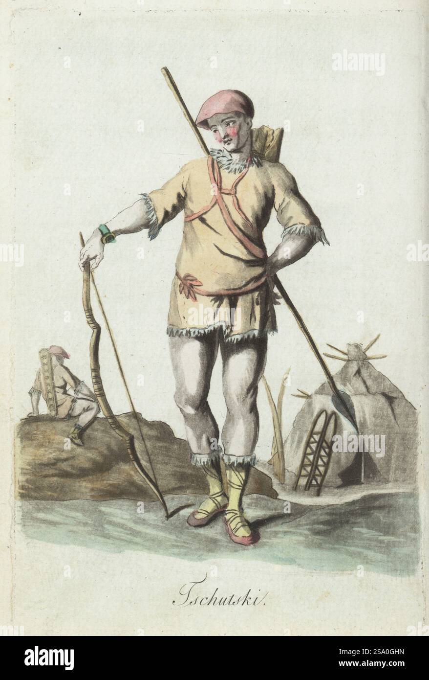 Tschukchi oder Tschukchee-Mann auf der Tschukchi-Halbinsel, Sibirien, Russland. Er trägt einen Hut, eine Jacke, eine Hose und Stiefel aus Hirsch- oder Hundefell. Bewaffnet mit Speer, Bogen und Pfeil. Die dahinter liegende Yaranga oder Sommerwohnung besteht aus Hirschhäuten über einem konischen Rahmen aus Knochen und Holzpfählen. Tschutski. Handkolorierter Kupferstich von Jacques Grasset de Saint-Sauveur aus Sylvain Marechals Kostümen civils actuels de tous les peuples connus, dessines d’Apres Nature, aktuelle Bürgertrachten aller bekannten Völker, gezeichnet aus der Natur, Chez Pavard, Paris, 1788. Stockfoto