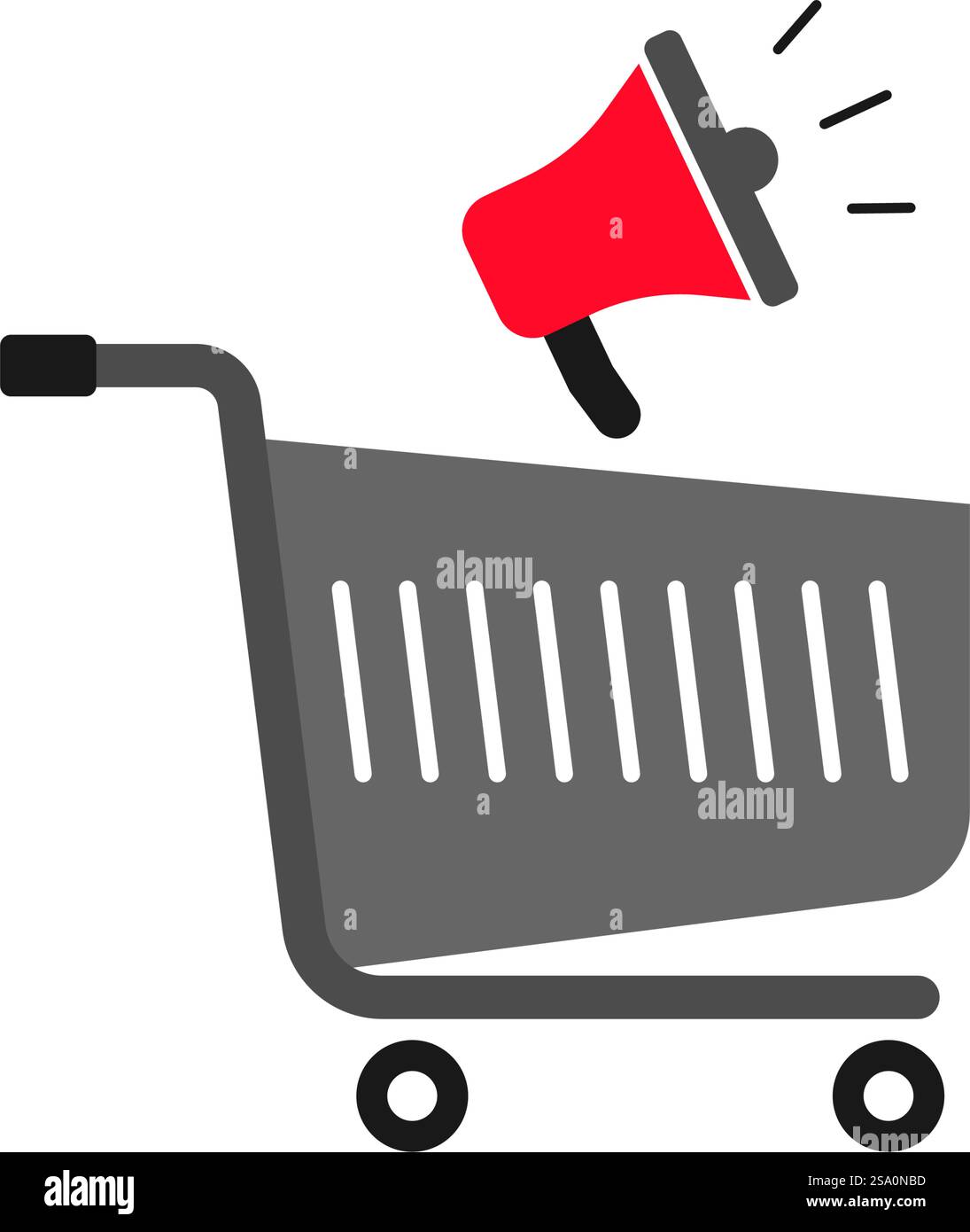 Rotes Megaphon über grauem Einkaufswagen auf Rädern. Stock Vektor