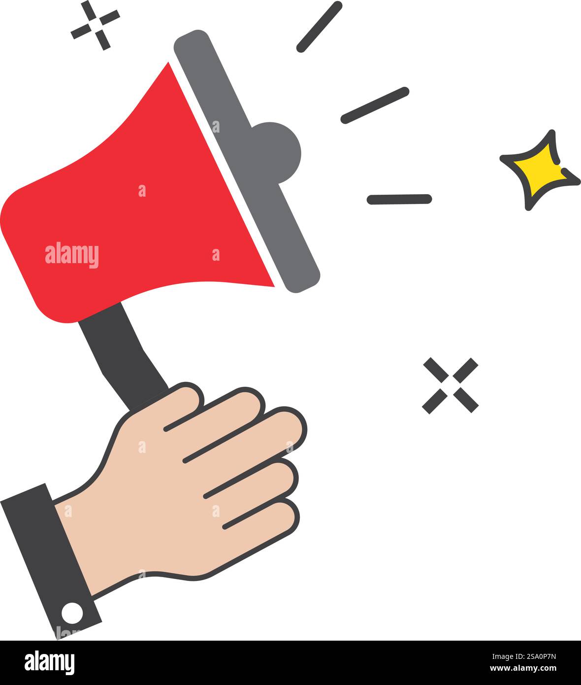 Hand hält Megaphon mit Soundlinien und Stern. Stock Vektor