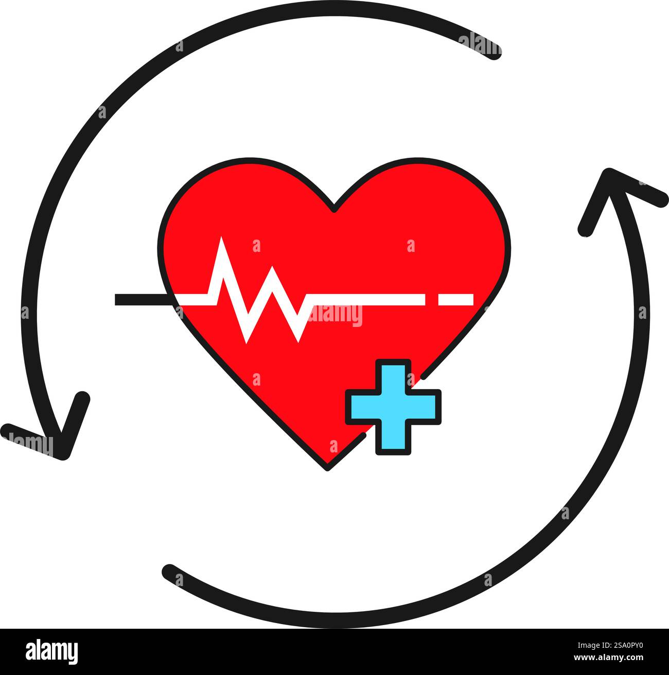 Roter Herzschlag plus Zeichen zyklische Pfeile zeigen Liebe und Gesundheit Verbindungen Symbol Stock Vektor