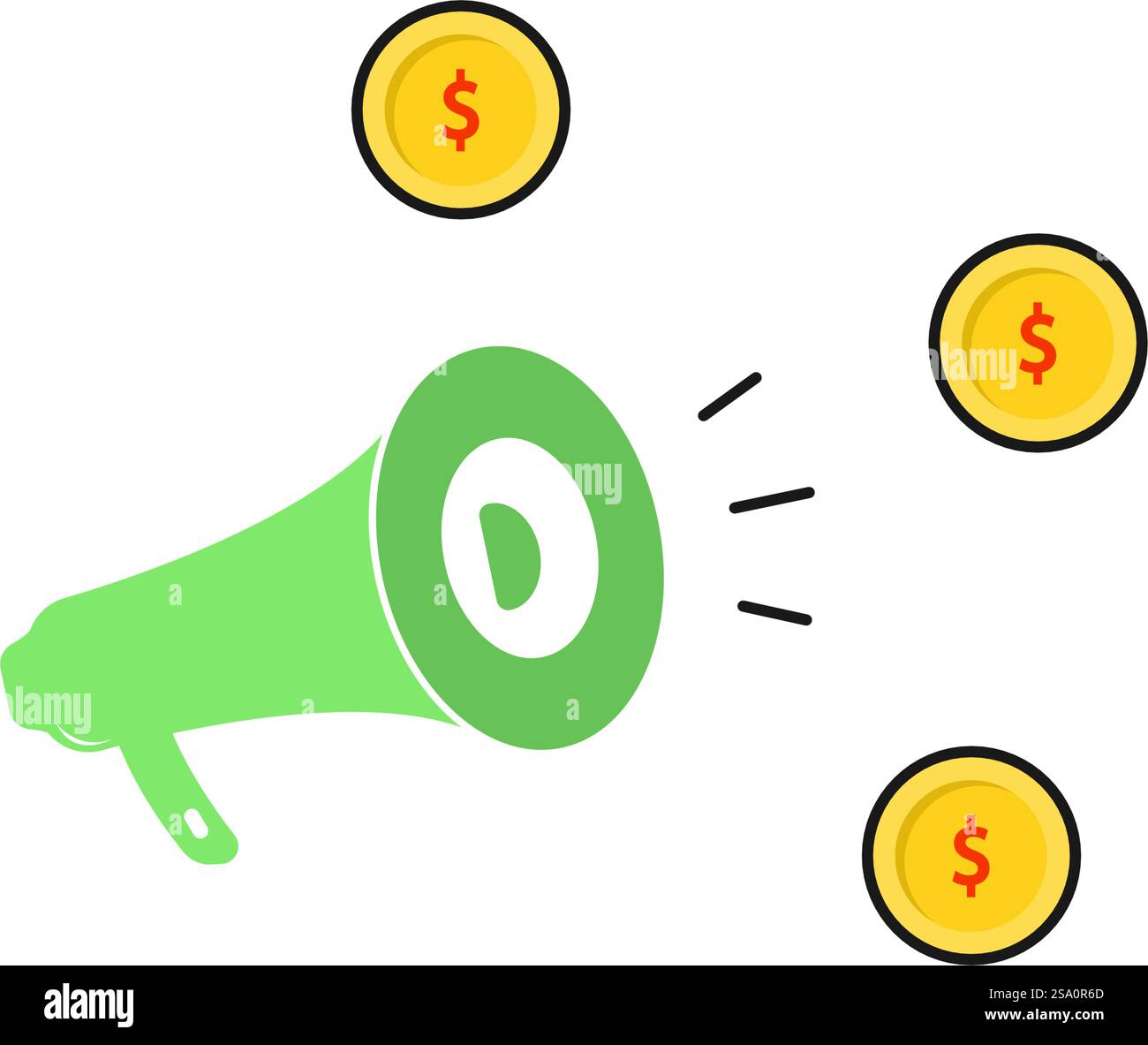 Grünes Megaphon nach rechts, drei Goldmünzen mit Dollarzeichen. Stock Vektor