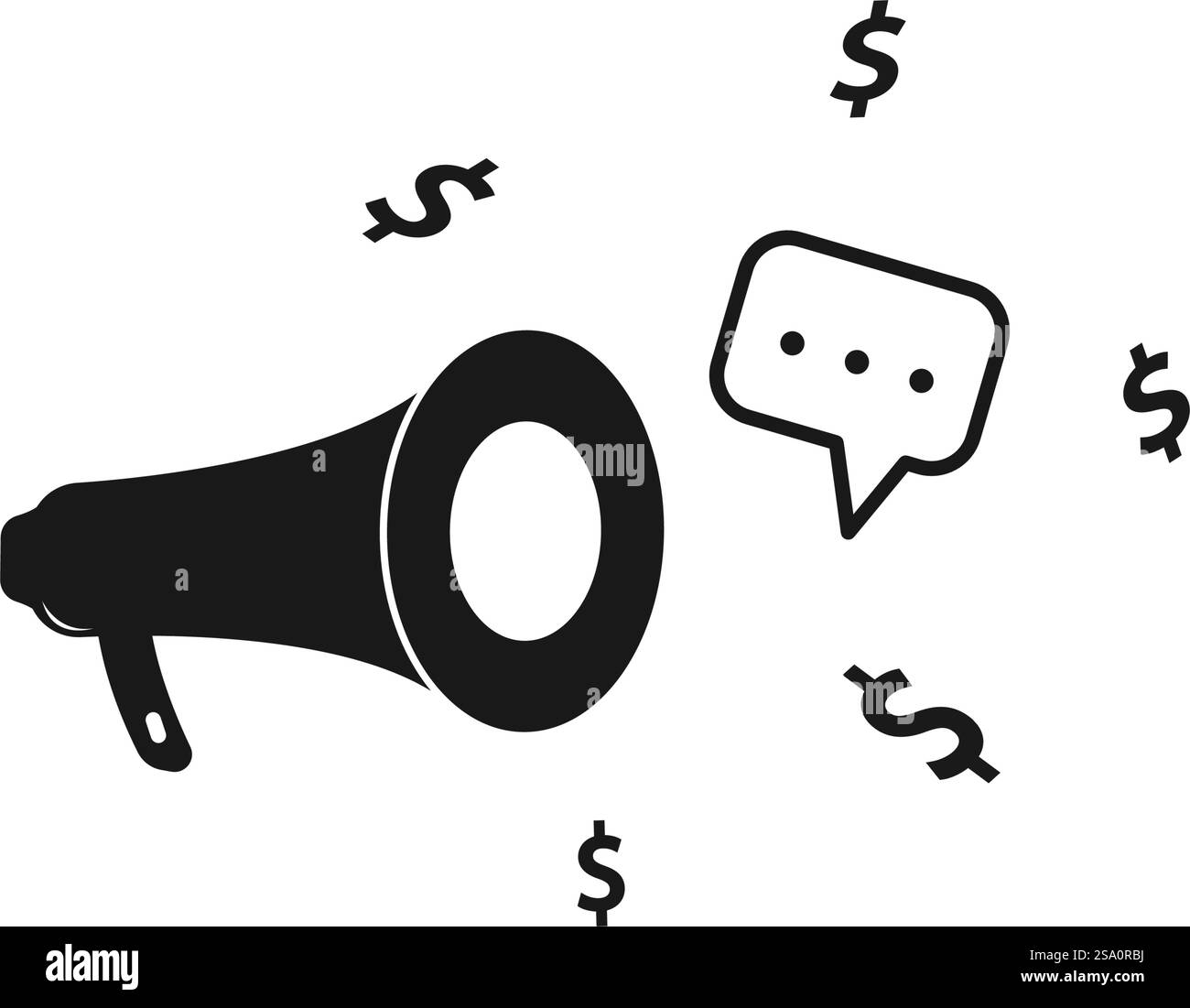 Megaphon nach rechts, drei Goldmünzen mit Dollarzeichen. Stock Vektor