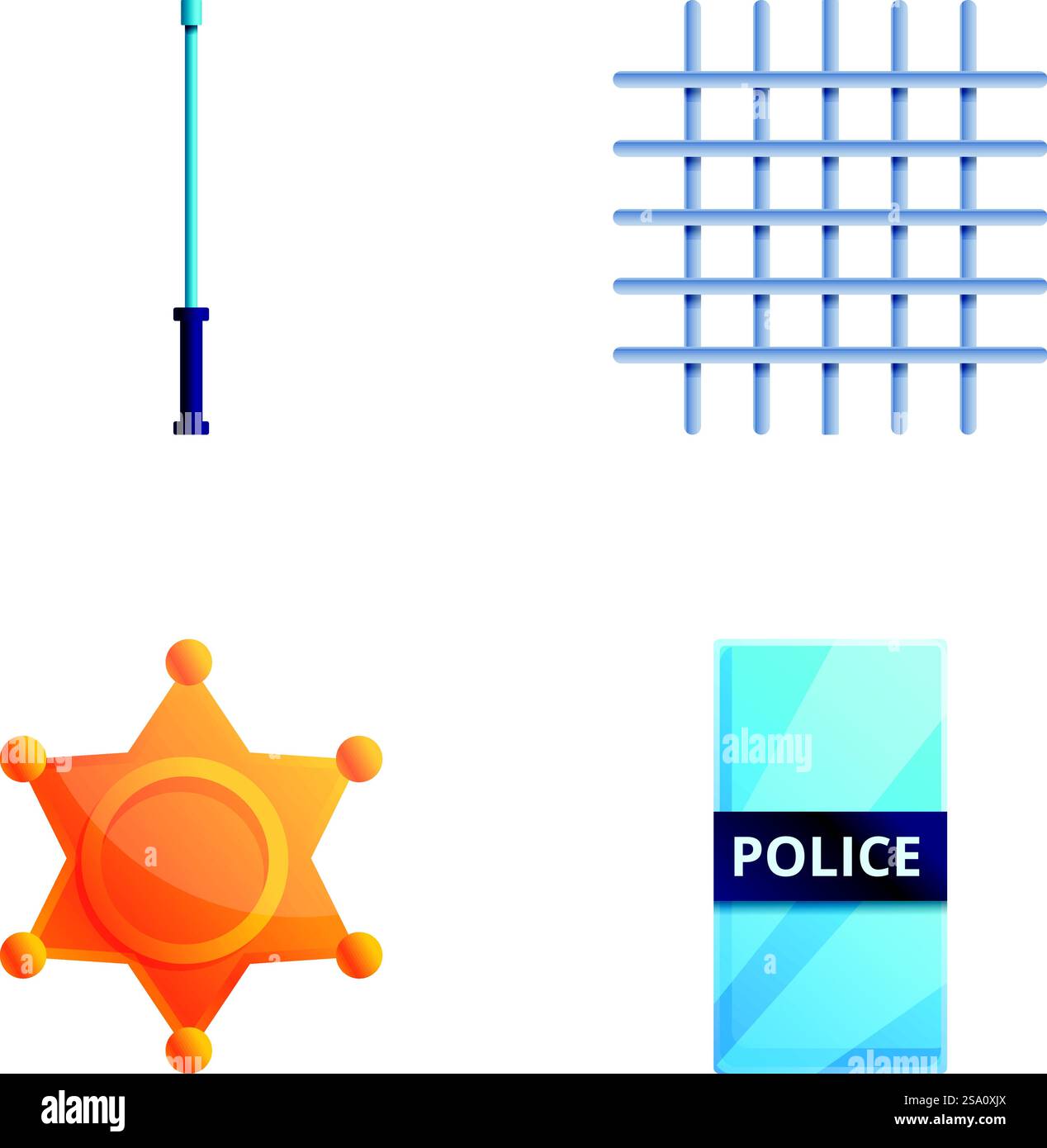 Polizeisymbole setzen Cartoonvektor. Waffe, Sheriff Star und Gefängnisbar. Schutz der öffentlichen Ordnung. Polizeisymbole setzen Cartoonvektor. Waffenscheriff-Star und Gefängnisbar Stock Vektor