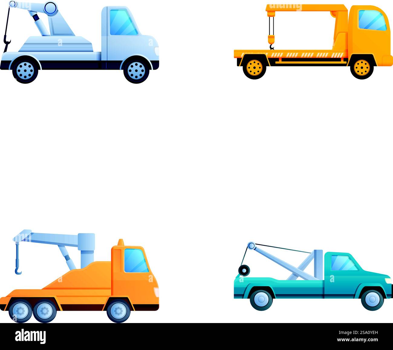 Symbole für Abschleppwagen legen den Cartoon-Vektor fest. Verschiedene Arten von Abschleppwagen. Evakuierung in den Strafraum. Symbole für Abschleppwagen legen den Cartoon-Vektor fest. Verschiedene Arten von Abschleppwagen Stock Vektor