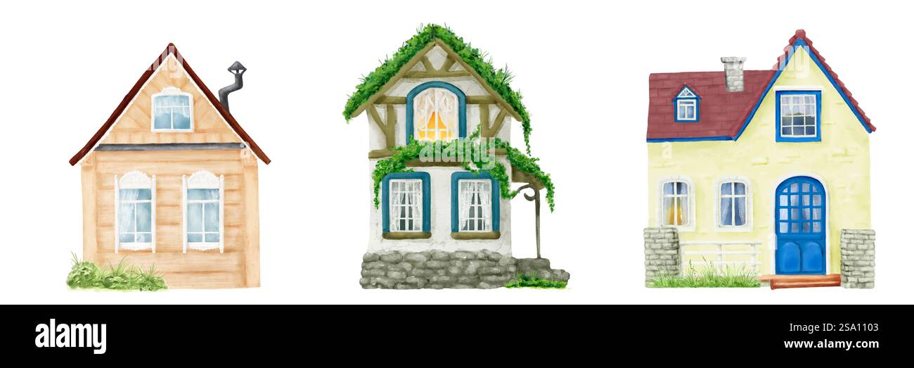 Dorfhaus mit rotem Ziegeldach und Vorhängen an Fenstern im Set. Digitale Illustration mit Aquarell. Niedliche Hütte mit Kamin und gemütliches Häuschen isoliert auf W Stockfoto
