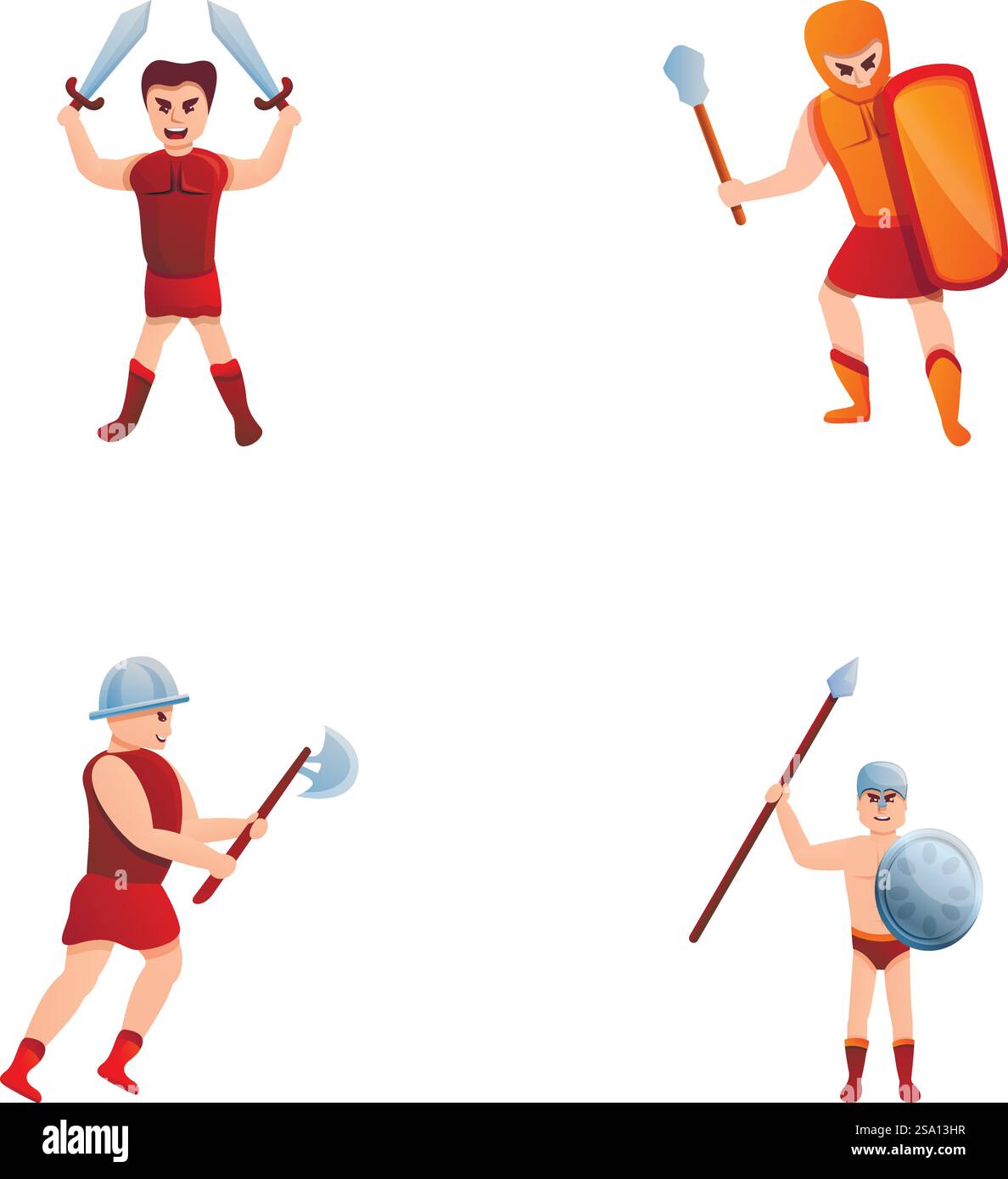 Alte Krieger-Ikonen setzen Cartoon-Vektor. Legionär Soldat in Rüstung und Waffe. Historischer Charakter, Gladiator. Alte Krieger-Ikonen setzen Cartoon-Vektor. Legionär Soldat in Rüstung und Waffe Stock Vektor