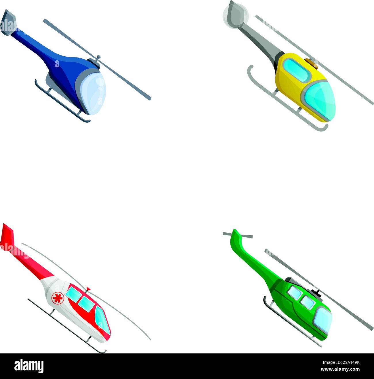 Rotorcraft-Symbole setzen Cartoon-Vektor. Ziviler und militärischer Hubschrauber. Rotorboot, Luftverkehr. Rotorcraft-Symbole setzen Cartoon-Vektor. Ziviler und militärischer Hubschrauber Stock Vektor