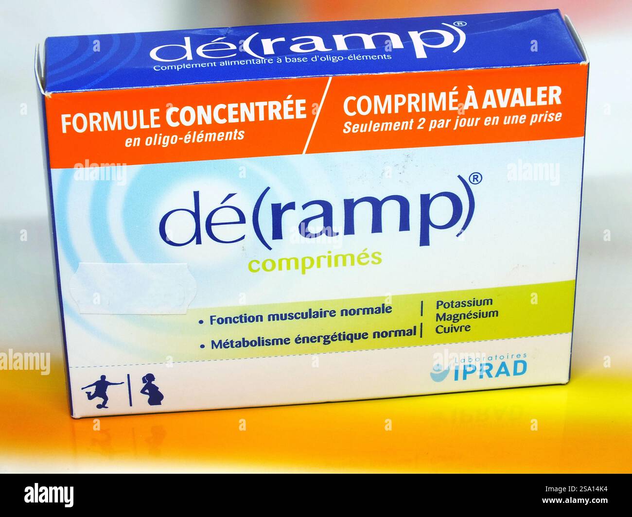 Schachtel mit Déramp Tabletten. Stockfoto