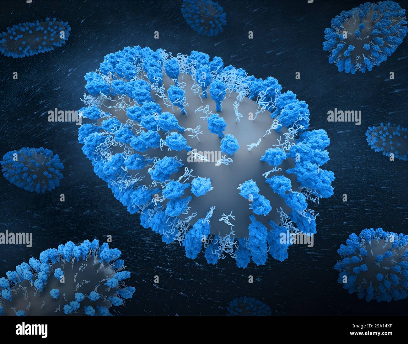 Kreatives Layout mit wissenschaftlich fundierten 3D-Renderings des Respiratory Syncytial Virus (RSV). Stockfoto