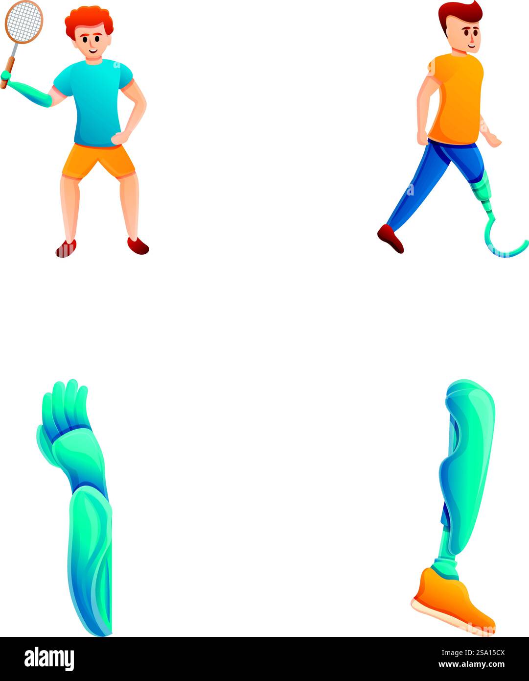Symbole für Behinderte setzen den Cartoon-Vektor. Mann mit Prothese spielt Sport. Bionik, Biomechatronik. Symbole für Behinderte setzen den Cartoon-Vektor. Mann mit Prothese spielt Sport Stock Vektor