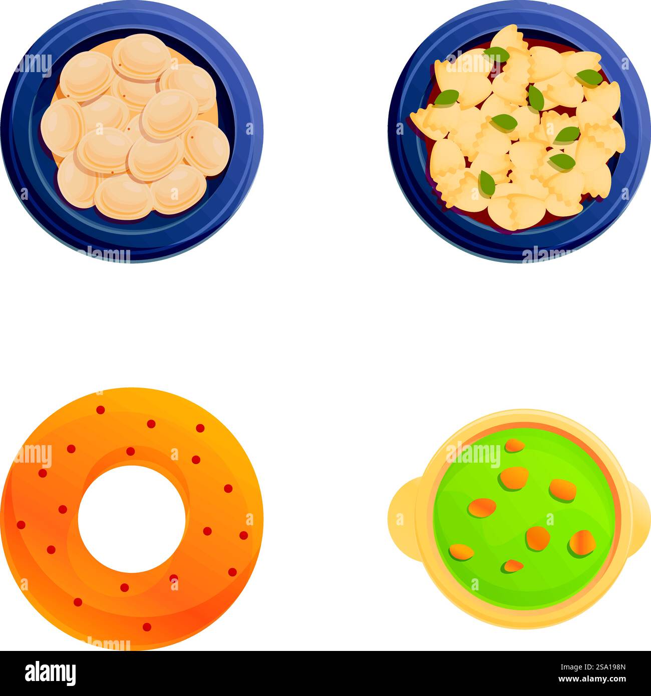 Verschiedene Dish Icons setzen Cartoon Vektor. Erster, zweiter Gang und Nachtisch. Traditionelles oder nationales Gericht. Verschiedene Dish Icons setzen Cartoon Vektor. Erster zweiter Gang und Nachtisch Stock Vektor