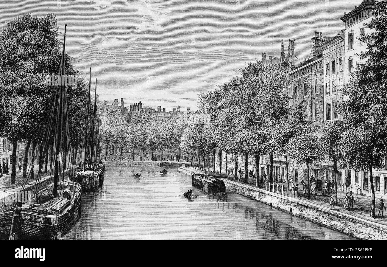 Von Bäumen gesäumter Kanal in der niederländischen Hauptstadt Amsterdam, Frachtschiffe, Fußgängerpromenade, Gebäude, Geographie, Königreich der Niederlande, historisch Stockfoto