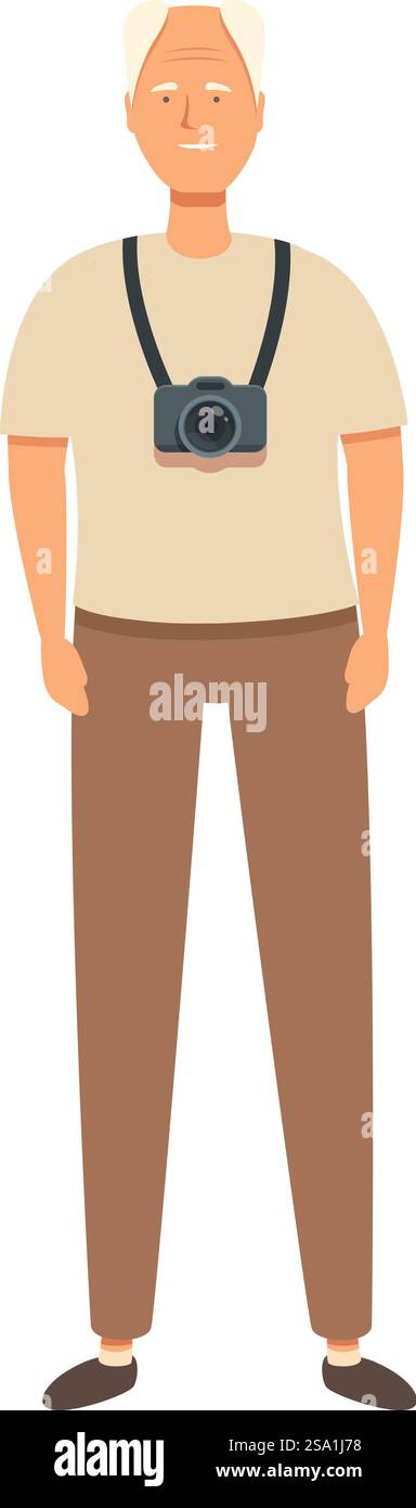 Glücklicher Opa mit Kamera Icon Cartoon Vektor. Glücklicher Urlaub. Aktive Person reisen. Glücklicher Opa mit Kamera Icon Cartoon Vektor. Glücklicher Urlaub Stock Vektor