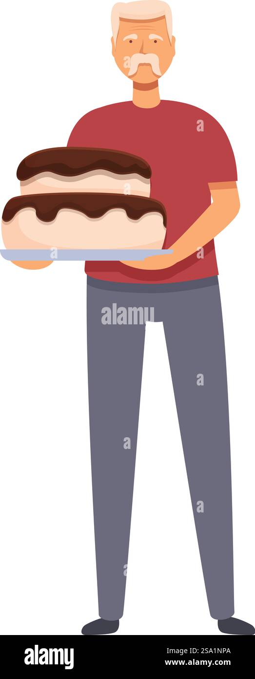 Senior Mann macht große Kuchen Icon Cartoon Vektor. Hausmannskost. Küche Essen. Senior Mann macht große Kuchen Icon Cartoon Vektor. Hausmannskost Stock Vektor