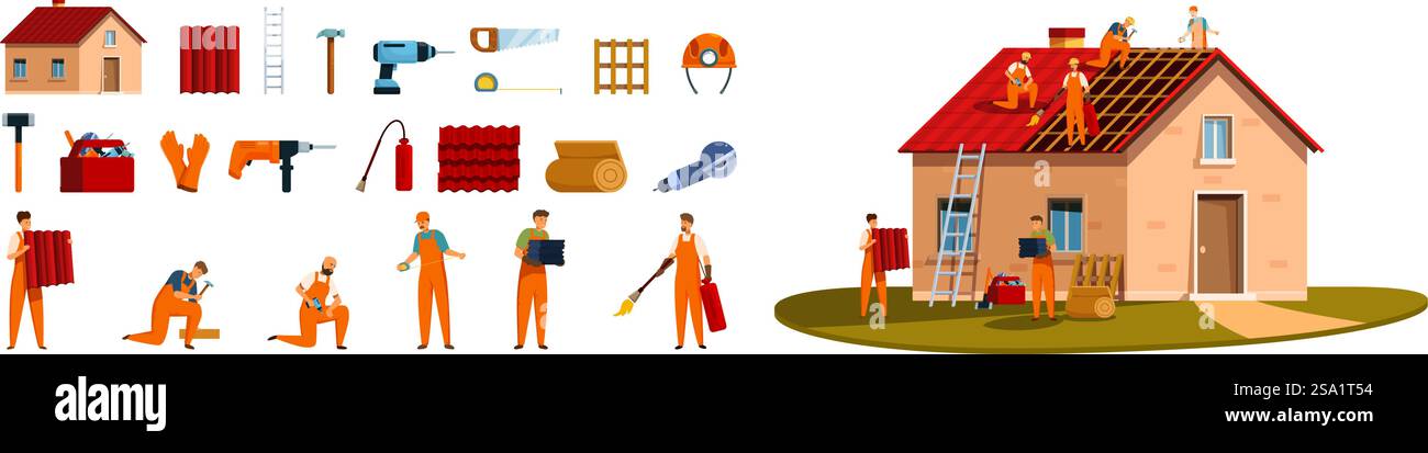 Dachdecker-Symbole setzen Cartoon-Vektor. Renoviertes Dachhaus. Mitarbeiter-Kachel Home. Dachdecker-Symbole setzen Cartoon-Vektor. Renoviertes Dachhaus Stock Vektor