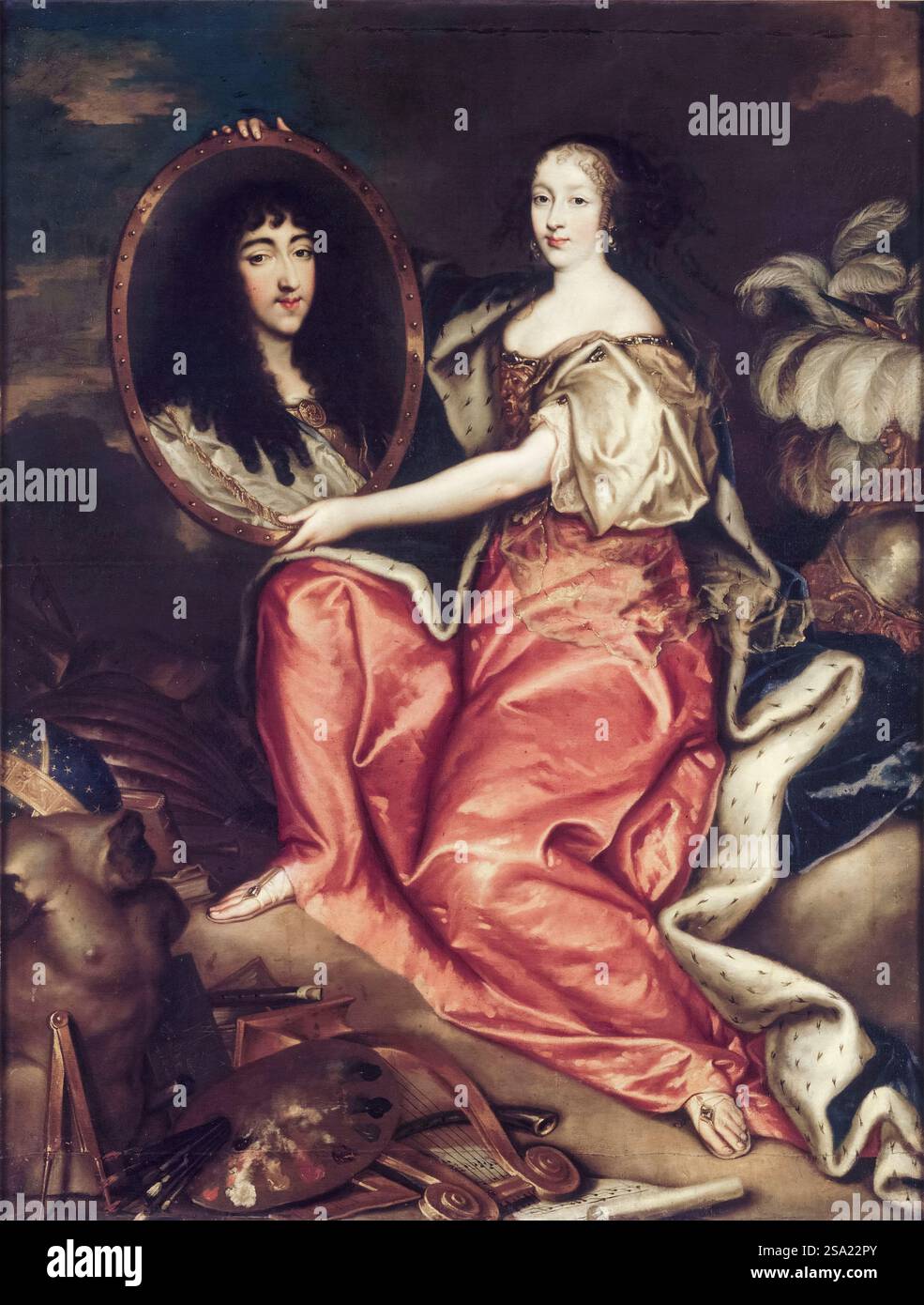 Henrietta von England (Henrietta Anne Stuart, 1644–1670) Herzogin von Orléans, auch bekannt als „Madame“, mit einem Gemälde ihres Mannes Philippe I., Herzog von Orléans (1640–1701), Porträtmalerei in Öl auf Leinwand von Antoine Mathieu, 1664 Stockfoto
