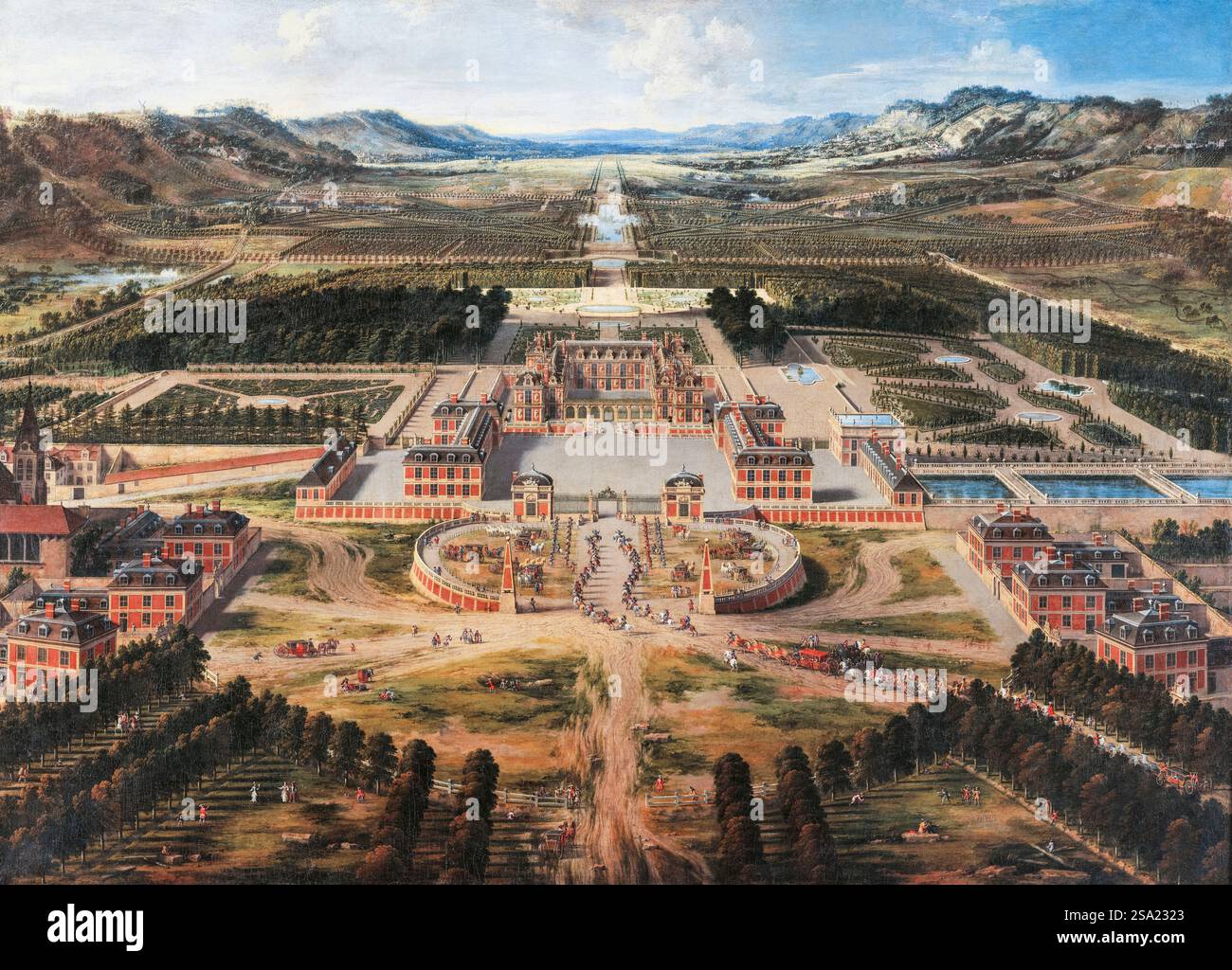 Luftaufnahme des Schlosses von Versailles, Frankreich, und seiner Gärten, Gemälde in Öl auf Leinwand von Pierre Patel, 1668 Stockfoto