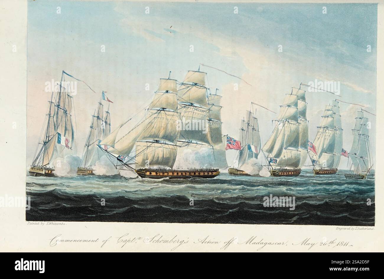 Beginn der Aktion von Kapitän Schomberg vor Madagaskar, 26. Mai 1811. Aus der Chronologie der Seefahrt Großbritanniens; oder, ein historischer Bericht über die Ereignisse der Seefahrt und der Seefahrt, vom Beginn des Krieges von 1803 bis zum Ende des Jahres 1816 Stockfoto
