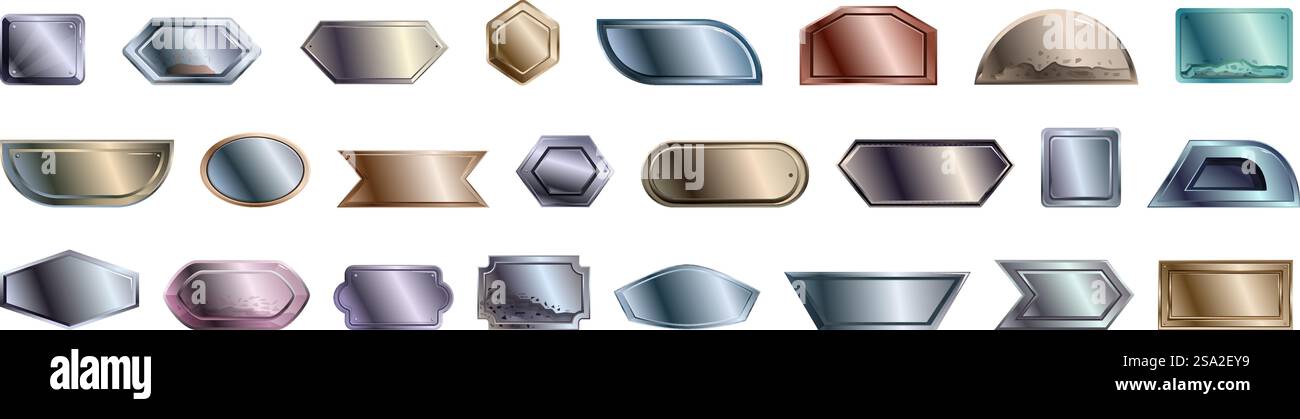 Stahl Metall Tag Platte Symbole setzen Zeichentrickvektor. Bügeleisen. Aufkleber Kit. Stahl Metall Tag Platte Symbole setzen Zeichentrickvektor. Bügeleisen Stock Vektor