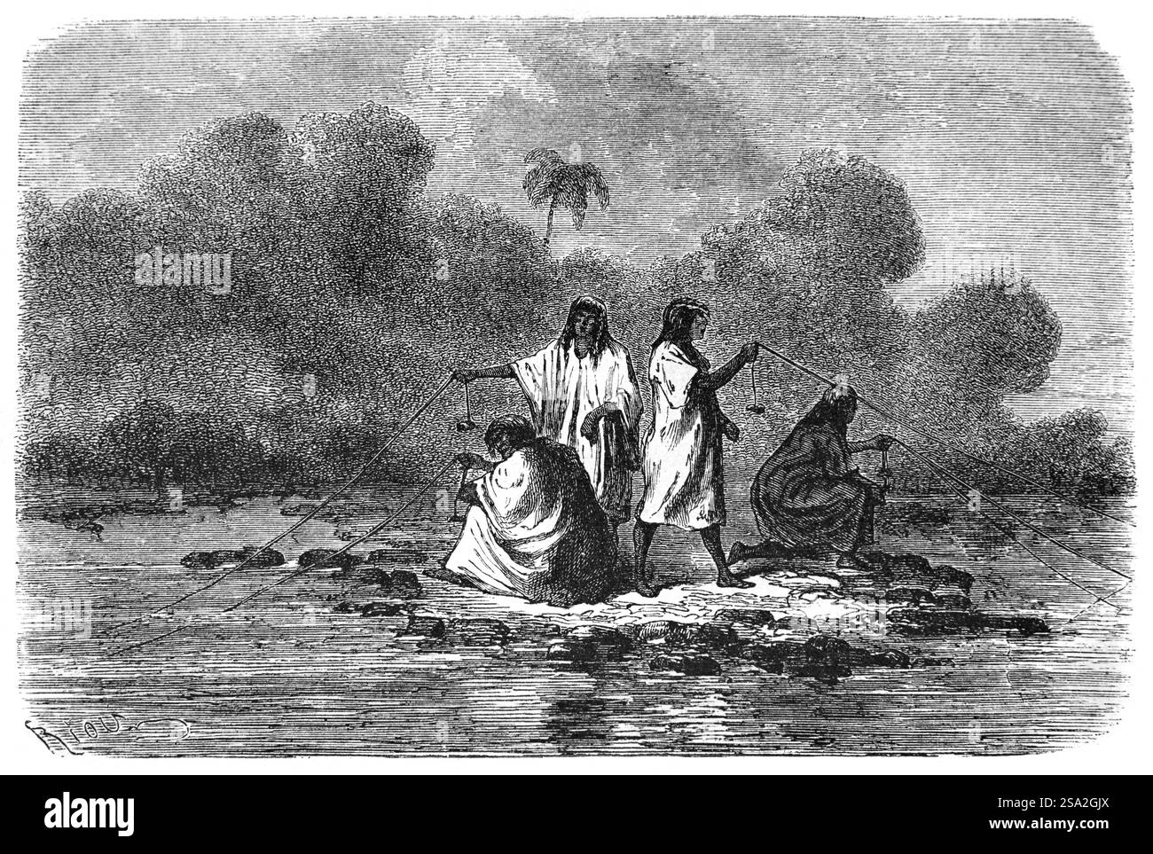 Anti- oder Antis-Männer oder Indianer, die in Peru, Amazonas, Südamerika fischen. Anti ist ein Inka-Name für die indigenen Ashaninka oder Ashaninka aus dem Amazonaswald von Peru und Brasilien Südamerika. Vintage oder historische Gravur oder Illustration 1864. Stockfoto