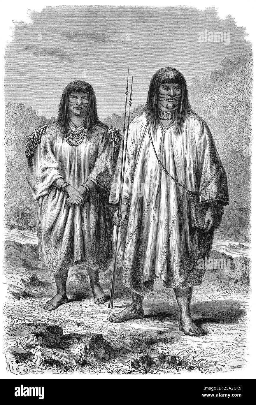 Vollständiges zehntes Porträt von Anti- oder Antis-Männern oder Indianern, die traditionelle Kleidung oder ethnische Kleidung tragen, in Peru, Amazonas, Südamerika. Anti ist ein Inka-Name für die indigenen Ashaninka oder Ashaninka aus dem Amazonaswald von Peru und Brasilien Südamerika. Vintage oder historische Gravur oder Illustration 1864. Stockfoto