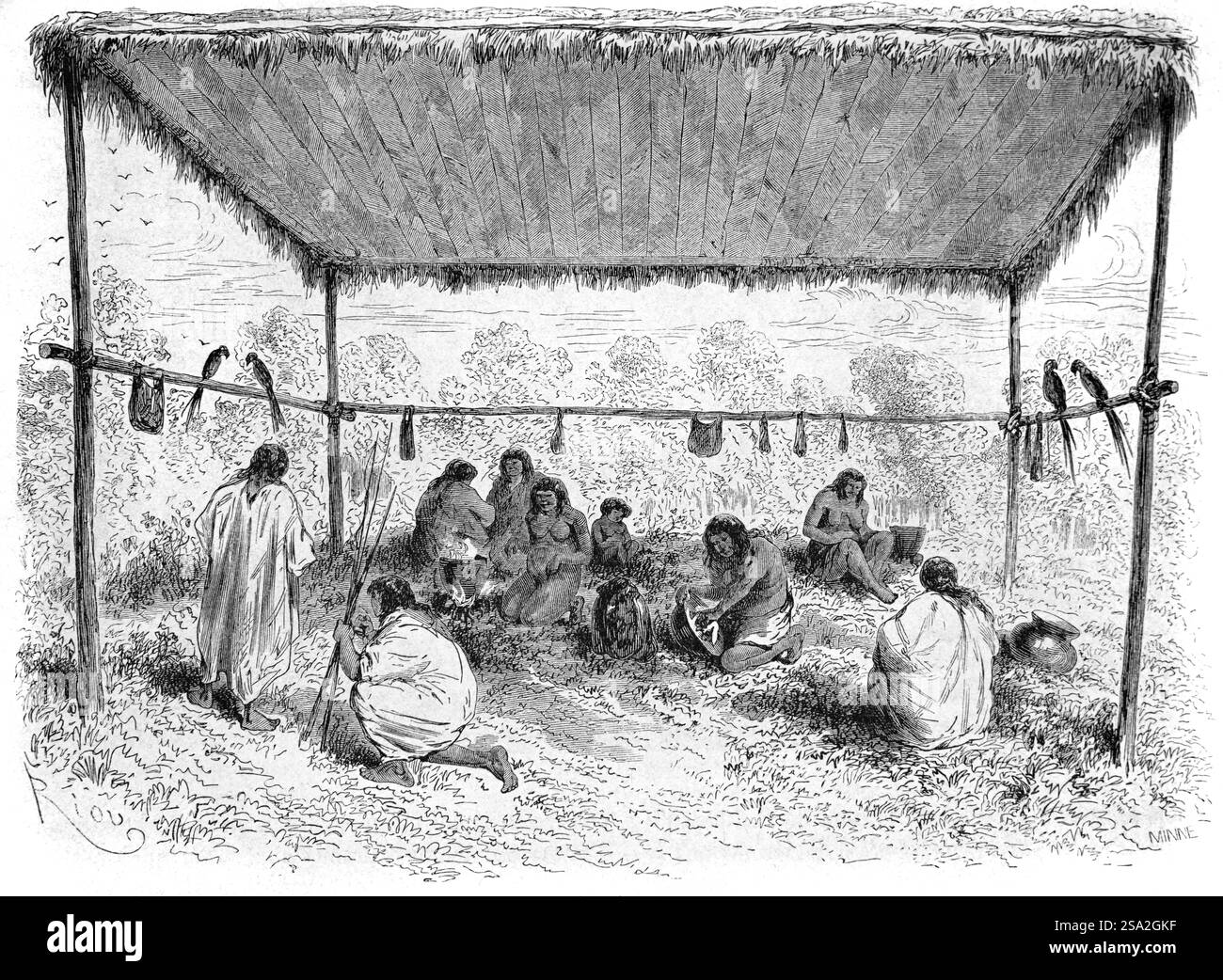 Anti- oder Antis-Leute oder Indianer, die unter einer kommunalen Hütte oder Hütte, bekannt als Ajoupa, in Bitiricaya, Peru, Amazonas, Südamerika arbeiten. Anti ist ein Inka-Name für die indigenen Ashaninka oder Ashaninka aus dem Amazonaswald von Peru und Brasilien Südamerika. Vintage oder historische Gravur oder Illustration 1864. Stockfoto