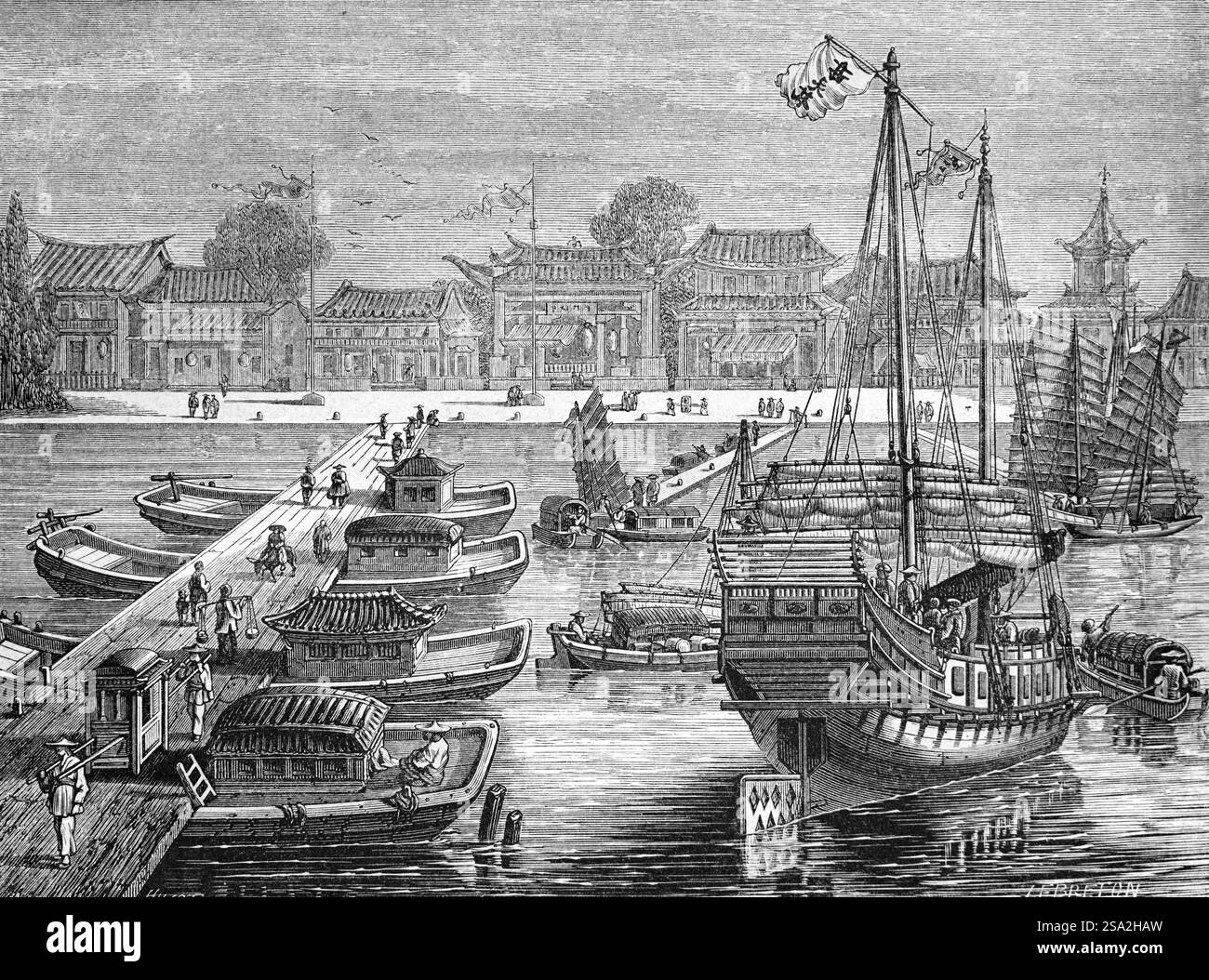Junks, Frachtschiffe oder Boote, Jetty and Quay oder Quayside im Hafen, Hafen oder Hafen, Tianjin, ehemals Tientsin, China. Vintage oder historische Gravur oder Illustration 1864 Stockfoto