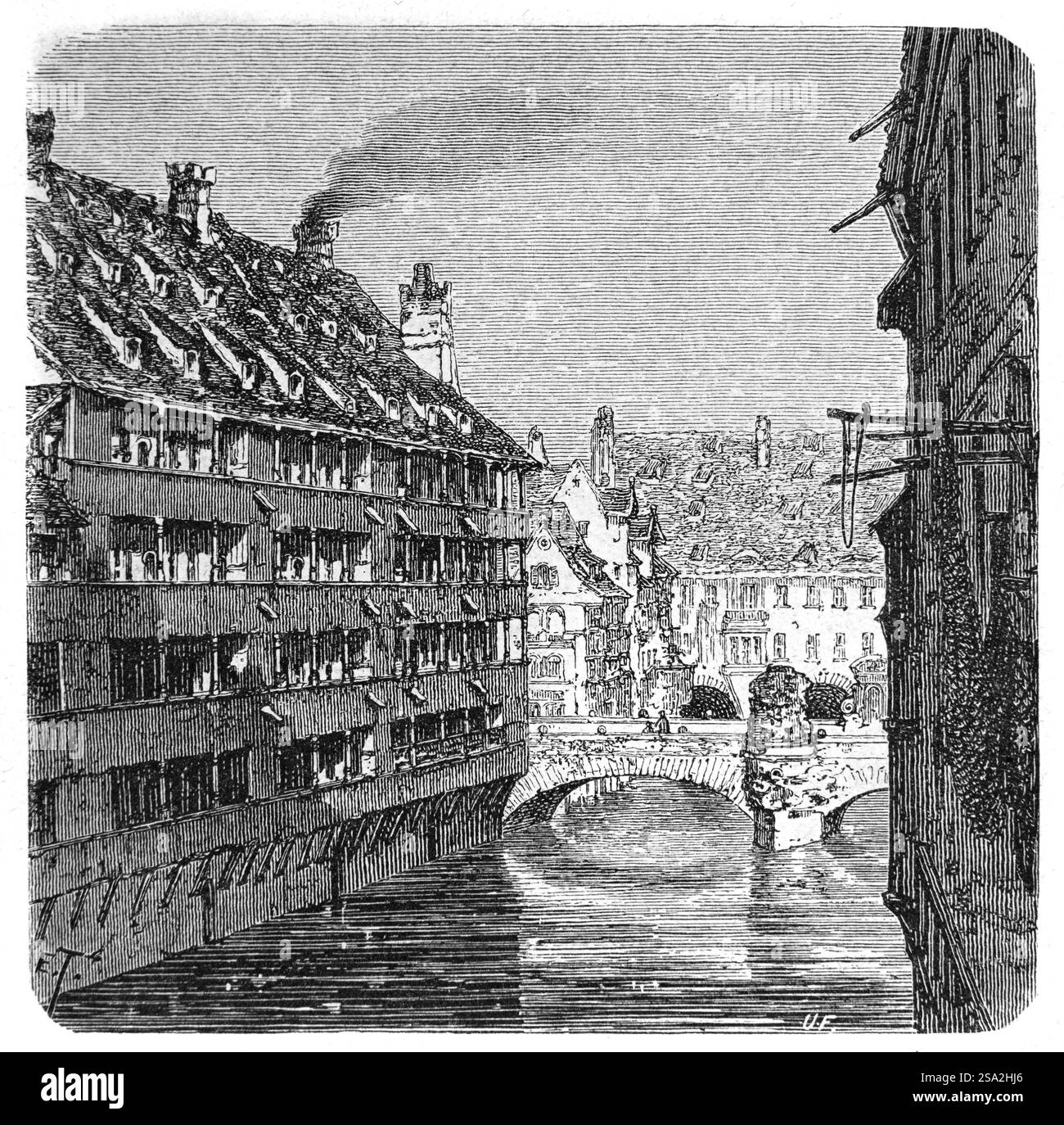 Die Pegnitz fließt durch die Altstadt, Altstadt oder den historischen Bezirk Nürnberg Bayern Deutschland mit der Maxbrücke Steinbrücke und dem Hospiz des Heiligen Geistes. Vintage oder historische Gravur oder Illustration 1864 Stockfoto