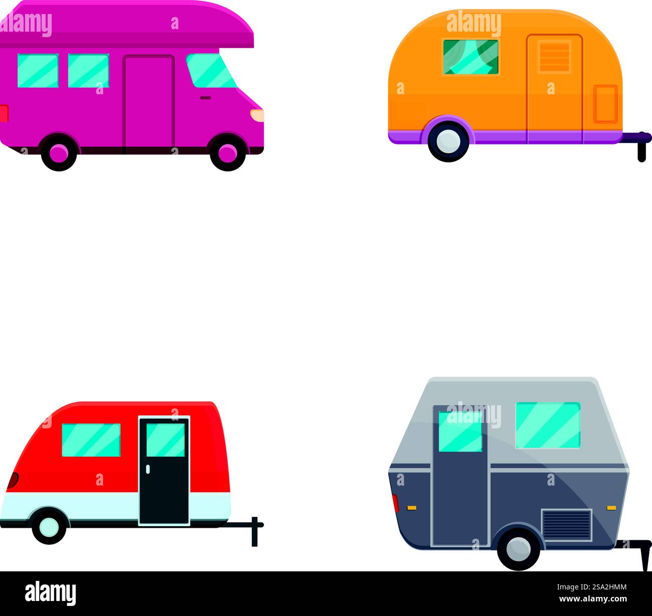 Camping-Automobil-Symbole setzen Cartoon-Vektor. Transporter und Pickup mit Anhänger. Sommerurlaub, Touristenausflug. Camping-Automobil-Symbole setzen Cartoon-Vektor. Transporter und Pickup mit Anhänger Stock Vektor