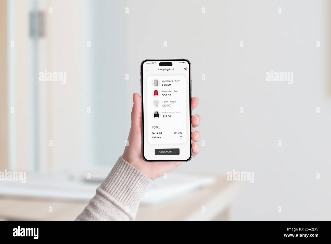 Smartphone-Bildschirm mit einem Einkaufswagen mit Kleidungsstücken, dem Gesamtpreis und der Schaltfläche „Checkout“ unten in einer modernen App Stockfoto