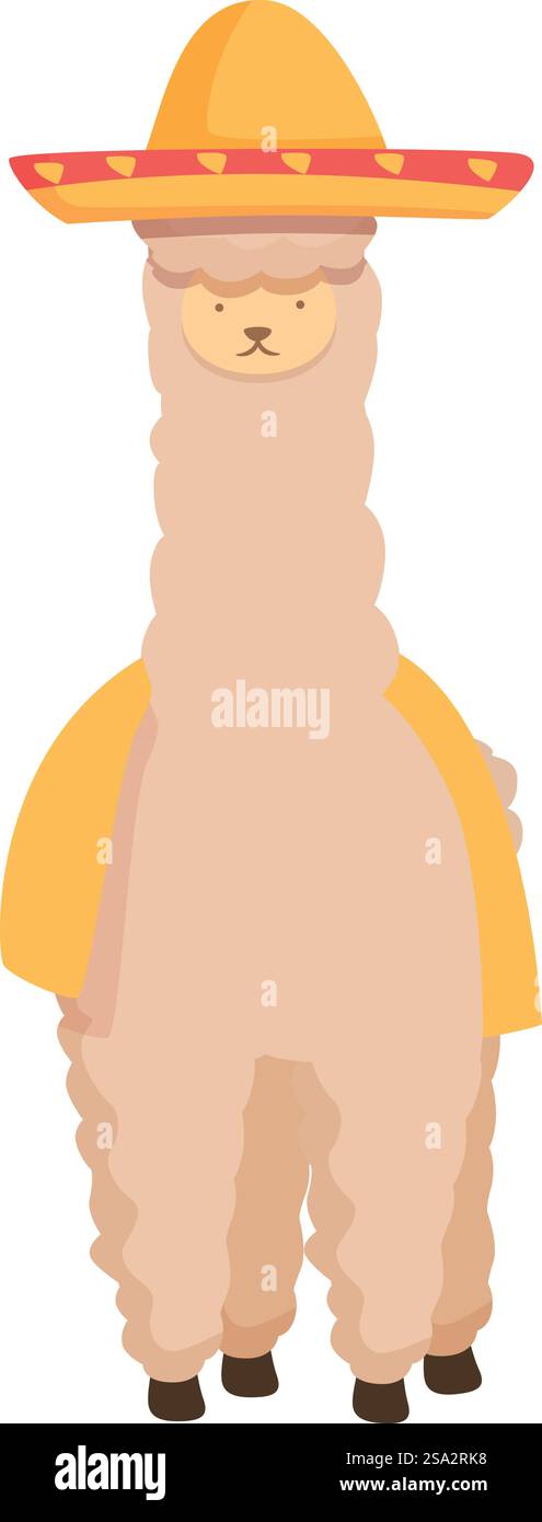 Niedliche illustrierte Lama-Figur in einem farbenfrohen Sombrero und gelbem Poncho. Cartoon-Lama in Sombrero und Poncho Stock Vektor