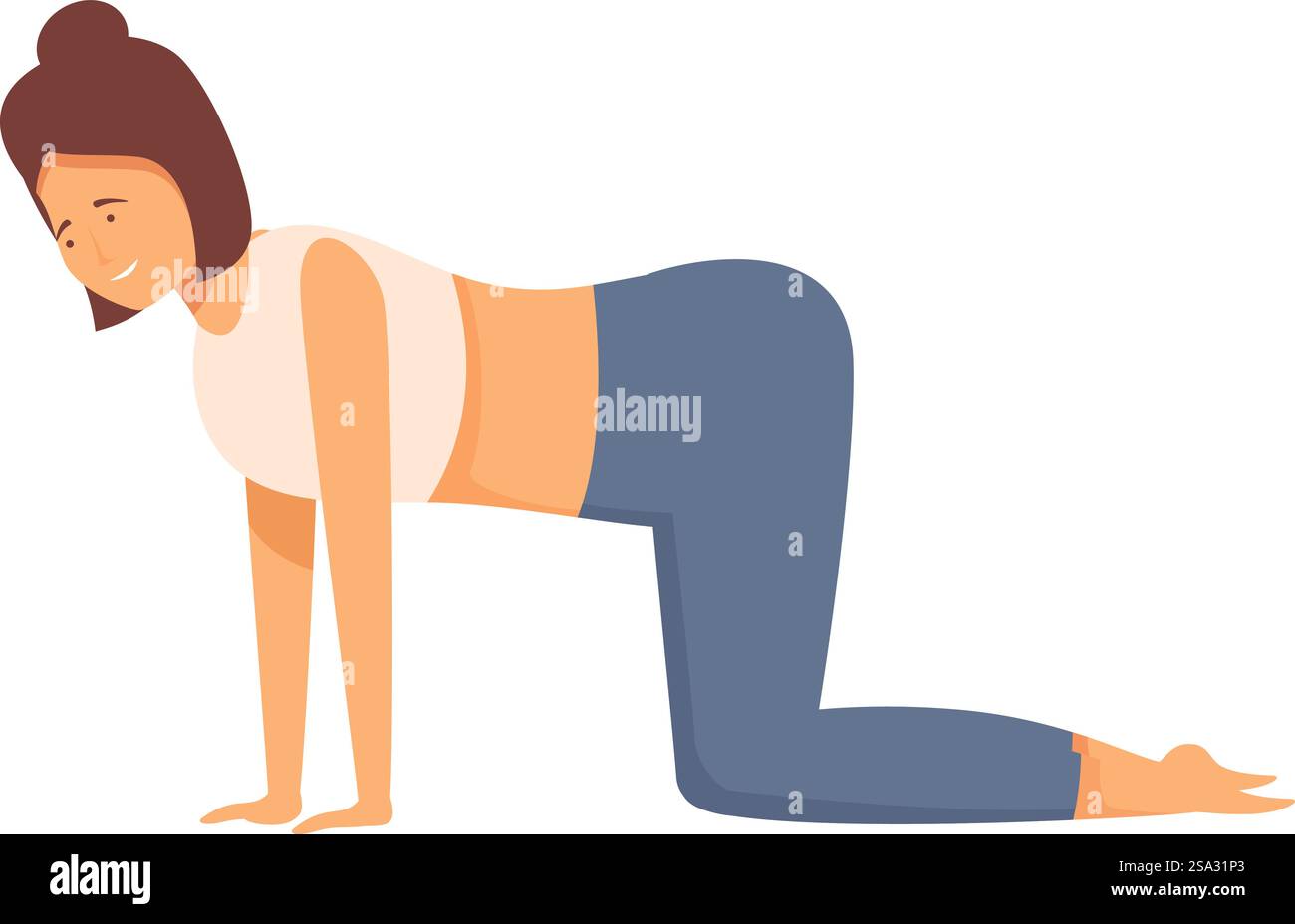 Flache Illustration einer lächelnden Frau, die die Tischposition ausführt, eine grundlegende Yoga-Übung. Frau, die Yoga-Illustration in Tischposition übt Stock Vektor