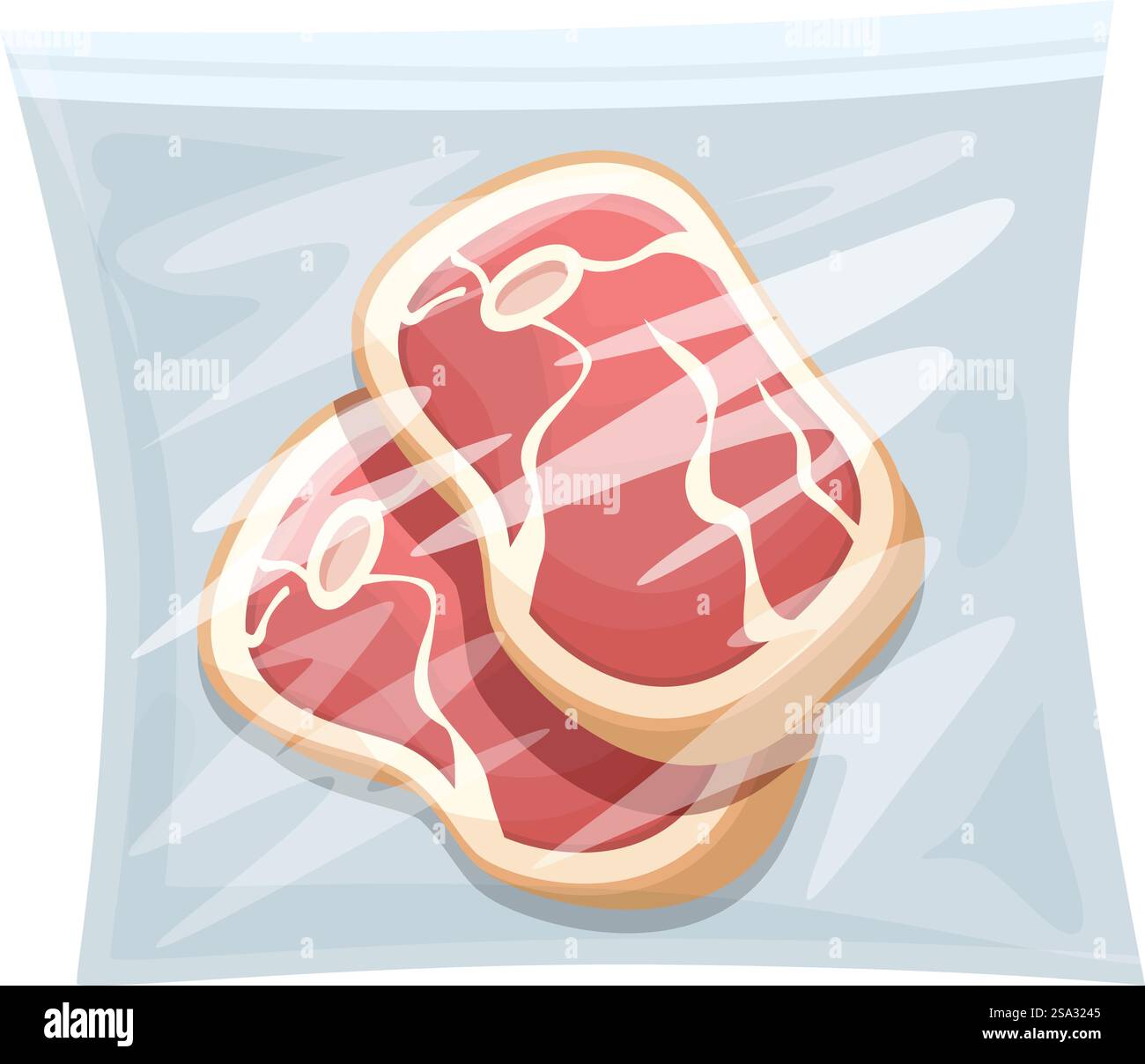 Illustration eines saugversiegelten Rohsteaks in Kunststoffverpackungen zur Aufbewahrung und Lagerung, perfekt für Metzgereien, Supermärkte oder kulinarische Grafikprojekte. Digitale Abbildung von zwei rohen Steaks in einer saugversiegelten Kunststoffverpackung Stock Vektor