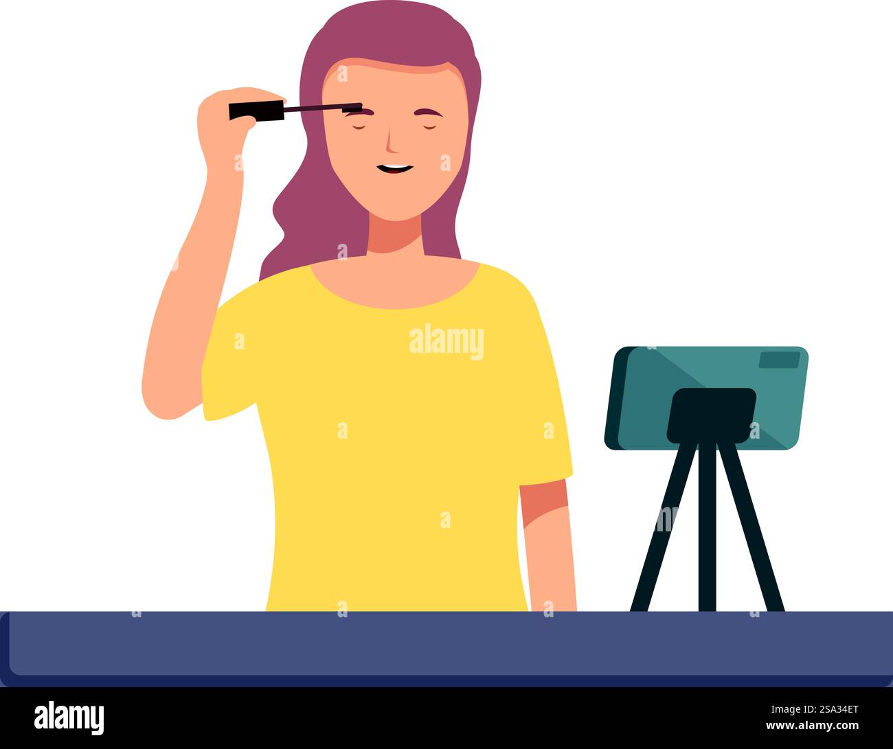 Illustriertes Bild einer lächelnden jungen Frau, die vor einer Kamera Mascara aufträgt. Junge Frau nimmt Make-up-Tutorial auf Stock Vektor