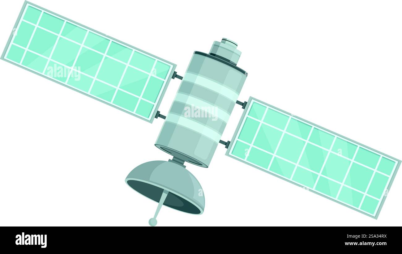Vereinfachte Vektorabbildung eines Satelliten mit Solarpaneelen, entwickelt für raumbezogene Grafiken. Cartoon-Satellit umkreist den Weltraum Stock Vektor