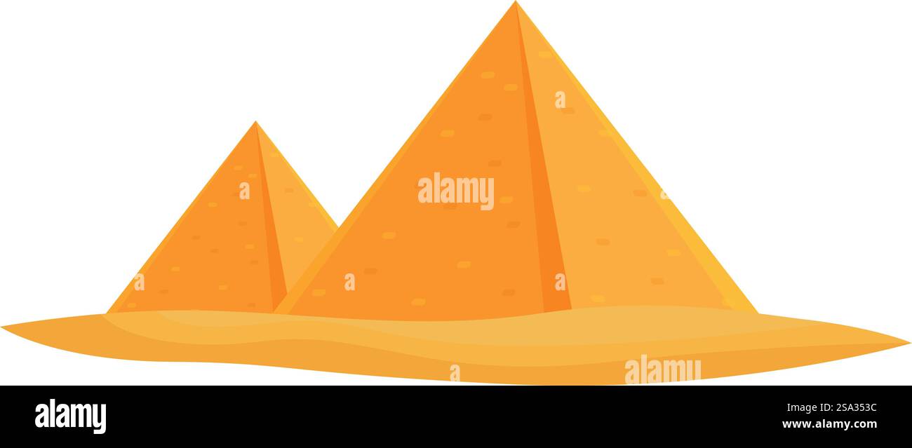 Farbenfrohe Karikaturillustration der alten ägyptischen Wüstenpyramiden und Sphinx in gizeh. Mit orangefarbenem Sand. Vektorgrafik. Minimaler flacher Stil. Darstellung der Geschichte. Kultur. Helle und einfache Illustration der orangefarbenen Pyramiden in einer Wüstenlandschaft Stock Vektor