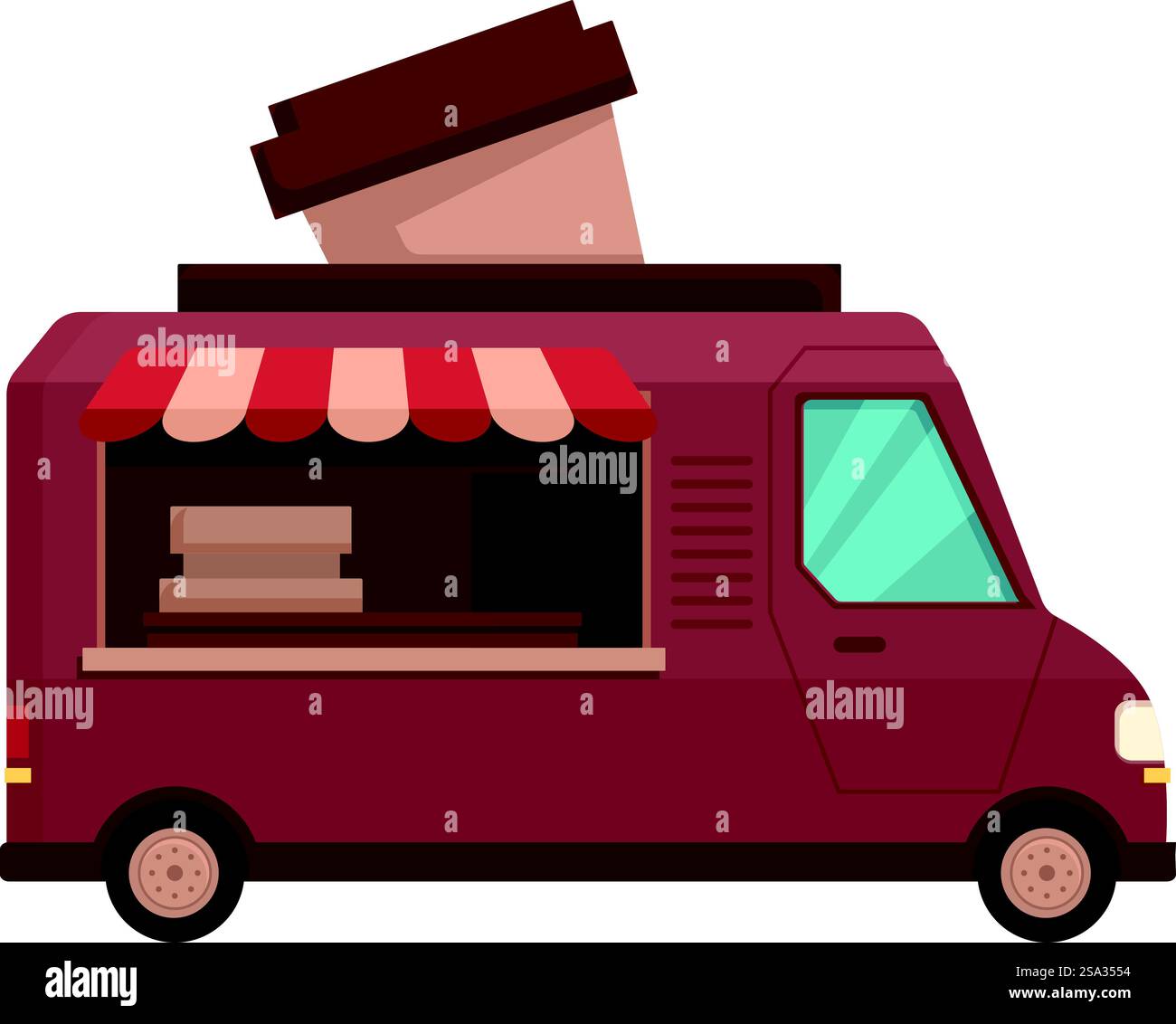 Illustration eines skurrilen Kaffee-Trucks mit einer riesigen Kaffeetasse oben. Niedliche Zeichentrick-Kaffee-Truck-Illustration Stock Vektor