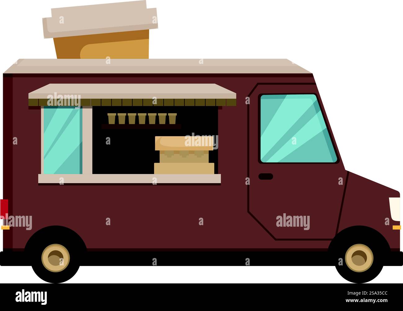 Abbildung eines süßen Coffeeethemas-Food-Trucks mit einer Tasse oben, auf weißem Hintergrund. Cartoon Coffee Food Truck isoliert auf weiß Stock Vektor