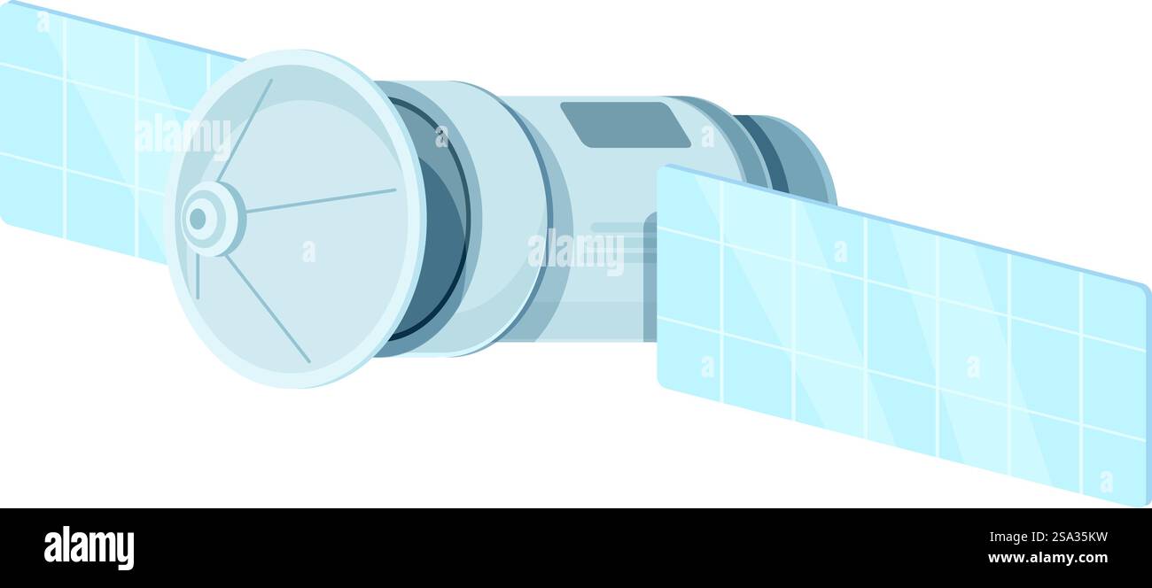 Vektorgrafik eines stilisierten Satelliten mit Sonnenkollektoren, isoliert auf weißem Hintergrund. Zeichentrick-Satellitenillustration auf weißem Hintergrund Stock Vektor