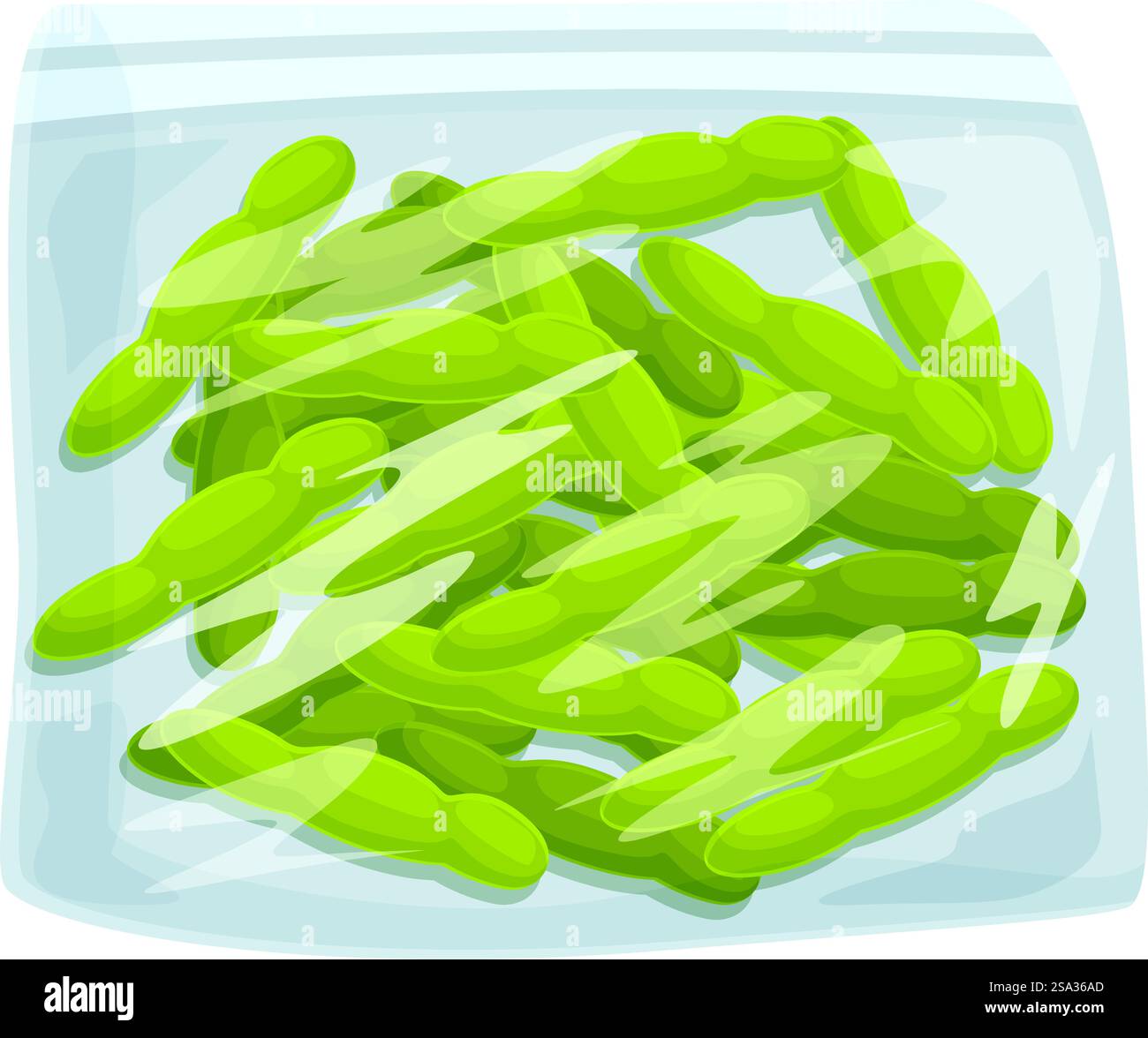 Cartoon eines versiegelten Plastikbeutels gefüllt mit leuchtenden grünen Bohnen, isoliert auf weißem Hintergrund. Illustration mit einem Beutel mit frischen grünen Bohnen Stock Vektor