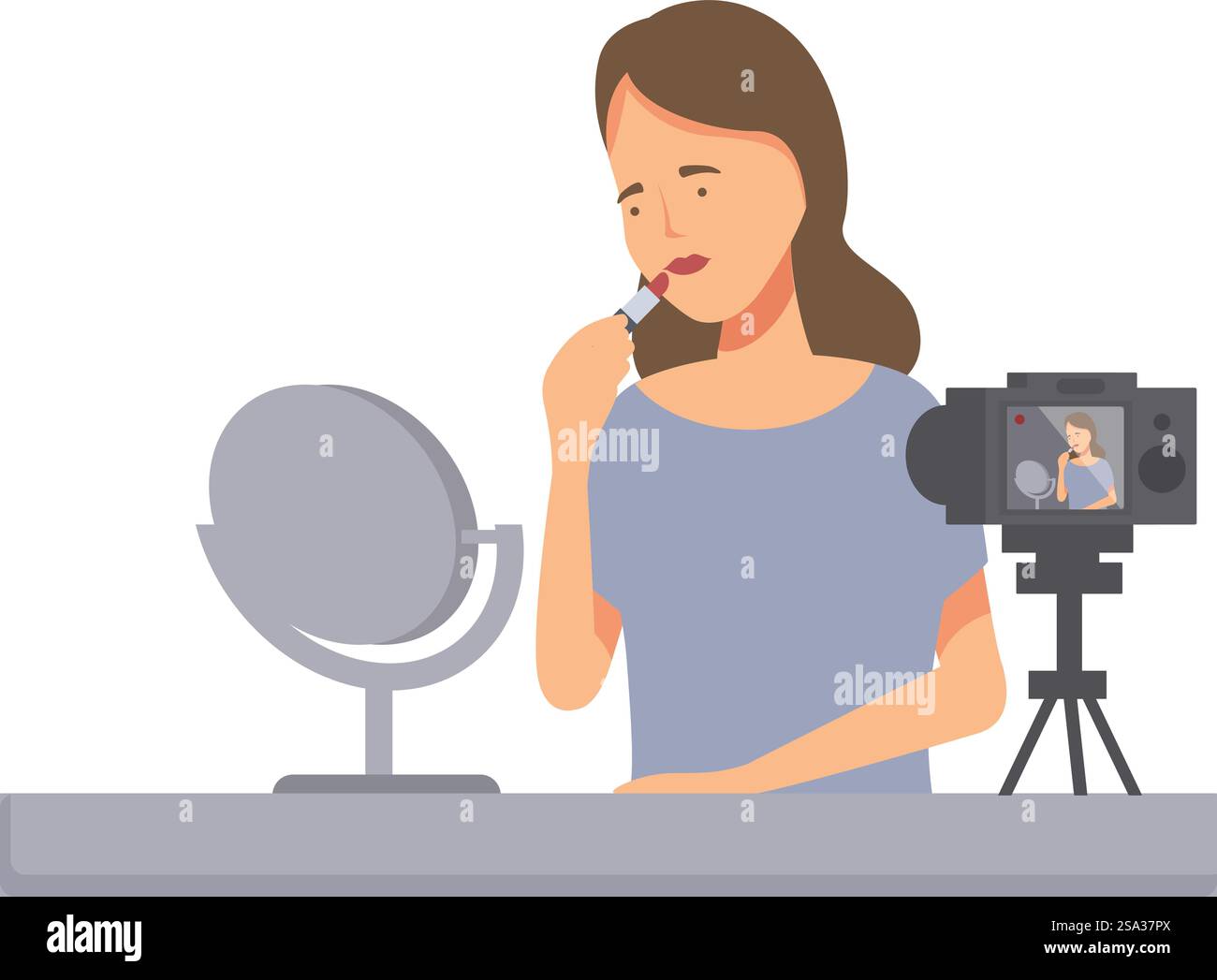 Junge Vloggerin, die Lippenstift aufträgt, während sie einen Schönheitsführer filmt. Beauty-Blogger-Aufzeichnungs-Tutorial für Make-up Stock Vektor